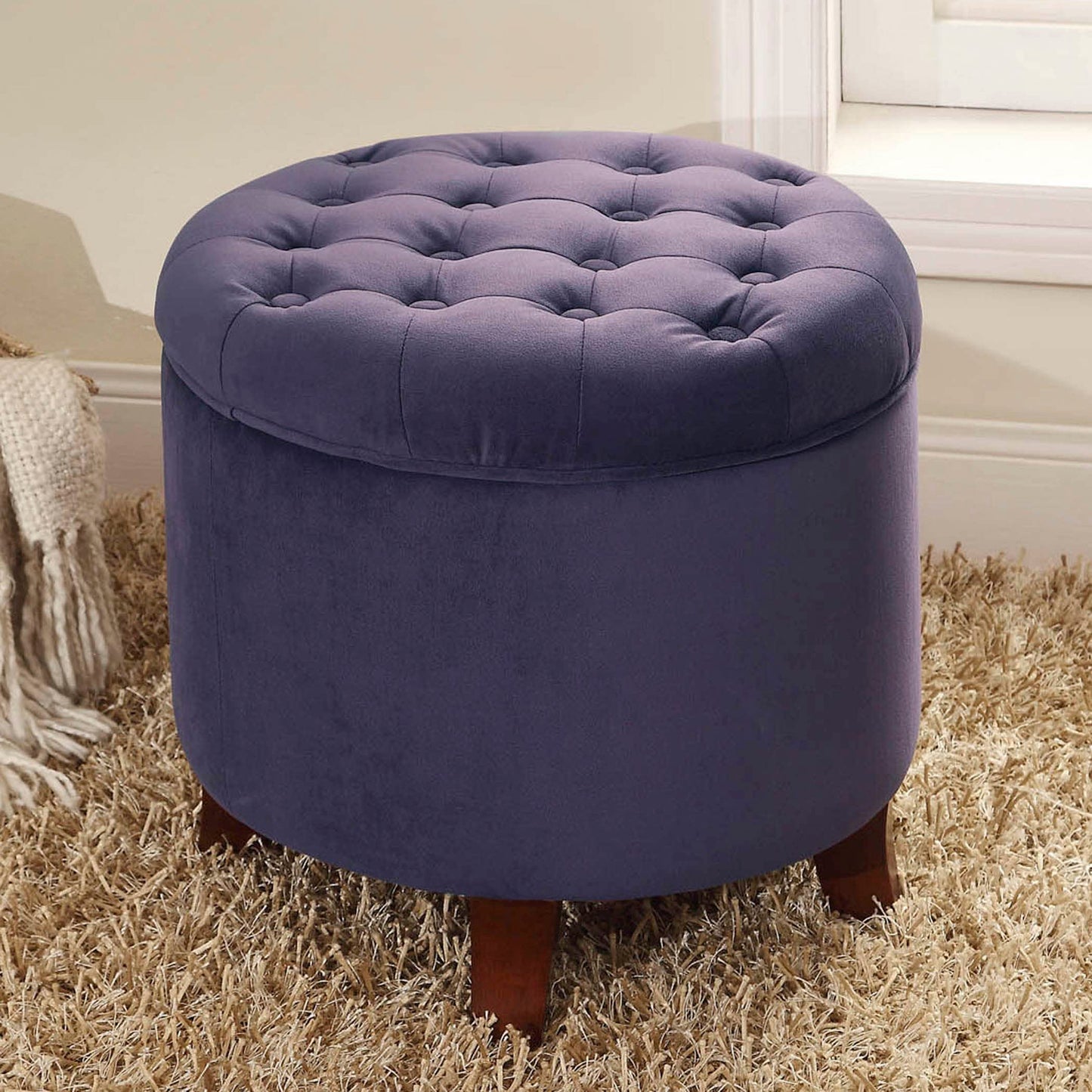 Homepop Home Decor | Upholstered Round Velvet Tufted Foot Rest Ottoman | Ottoman with Storage for Living Room & Bedroom | Decorative Home Furniture, Purple