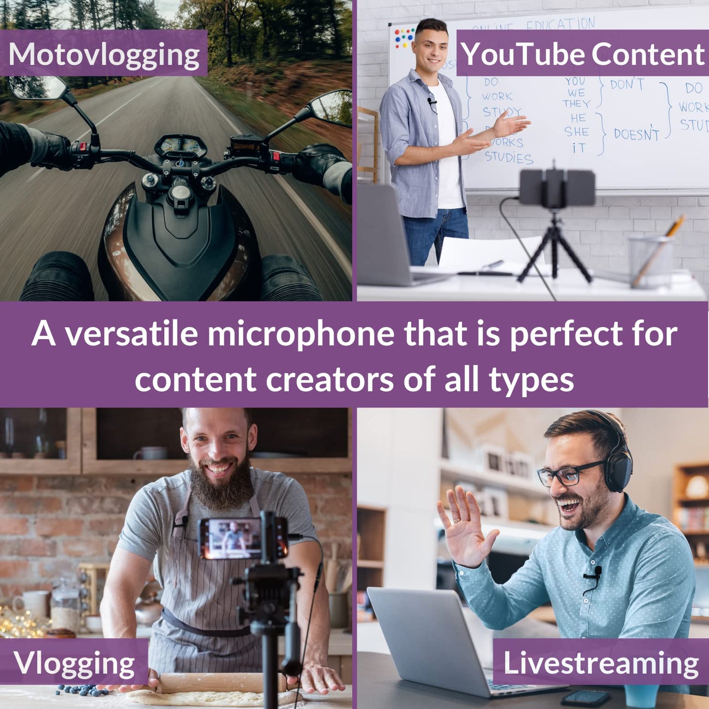 Purple Panda Lavalier Lapel Microphone Kit - Clip-on Omnidirectional Condenser Lav Mic Compatible with iPhone, iPad, GoPro, DSLR, Zoom/Tascam Recorder, Samsung, Android, PS4