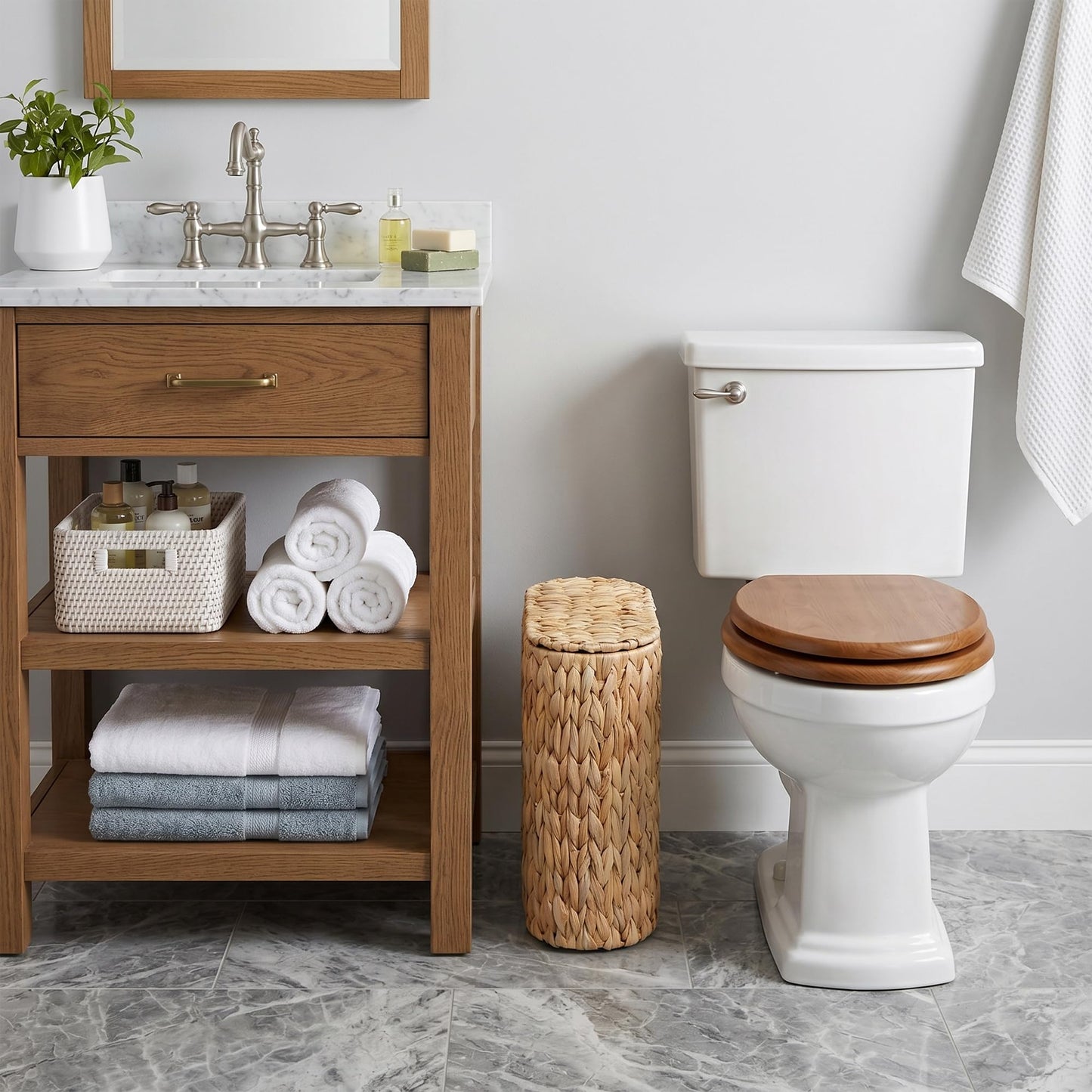 Coeusy Wicker Bathroom Trash Can with Lid,Narrow Rattan Waste Basket with Removable Liner Bucket,Slim Woven Water Hyacinth Garbage Can for Bedroom,Office,Small Spaces,3 Gallon
