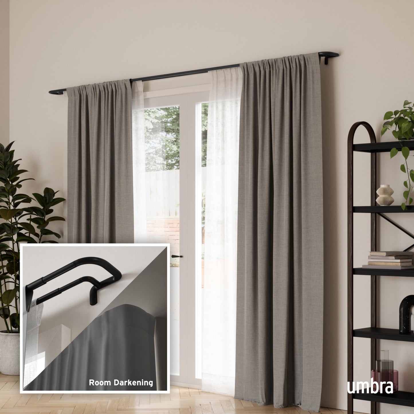 Umbra Twilight Double Curtain Rod Set – Wrap Around Design Ideal for Blackout or Room Darkening Panels, 30 to 84 Inches, Black