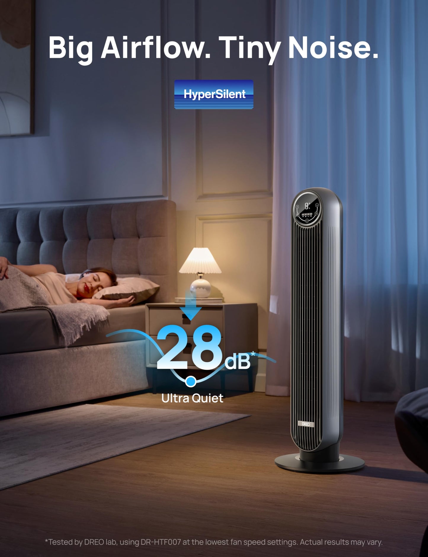 DREO Bladeless Tower Fan - 25ft/s, 4 Speeds, 4 Modes, 90° Oscillation, 8H Timer, Ultra Quiet for Bedroom, Indoors, Silver (Tower Fan 307)