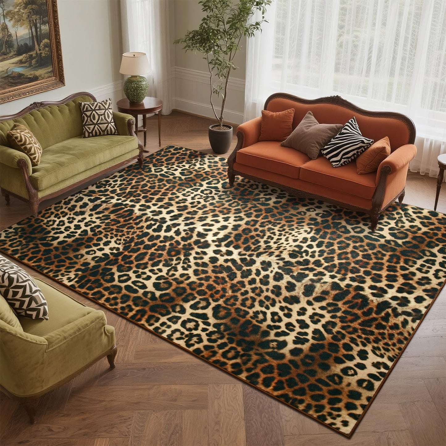 DweIke Leopard Rugs for Living Room, 4x6 Cheetah Print Rug for Bedroom Decor, Washable Non-Slip Stain Resistant Faux Animal Throw Carpet for Dining Room Office Western Home, Dark Brown