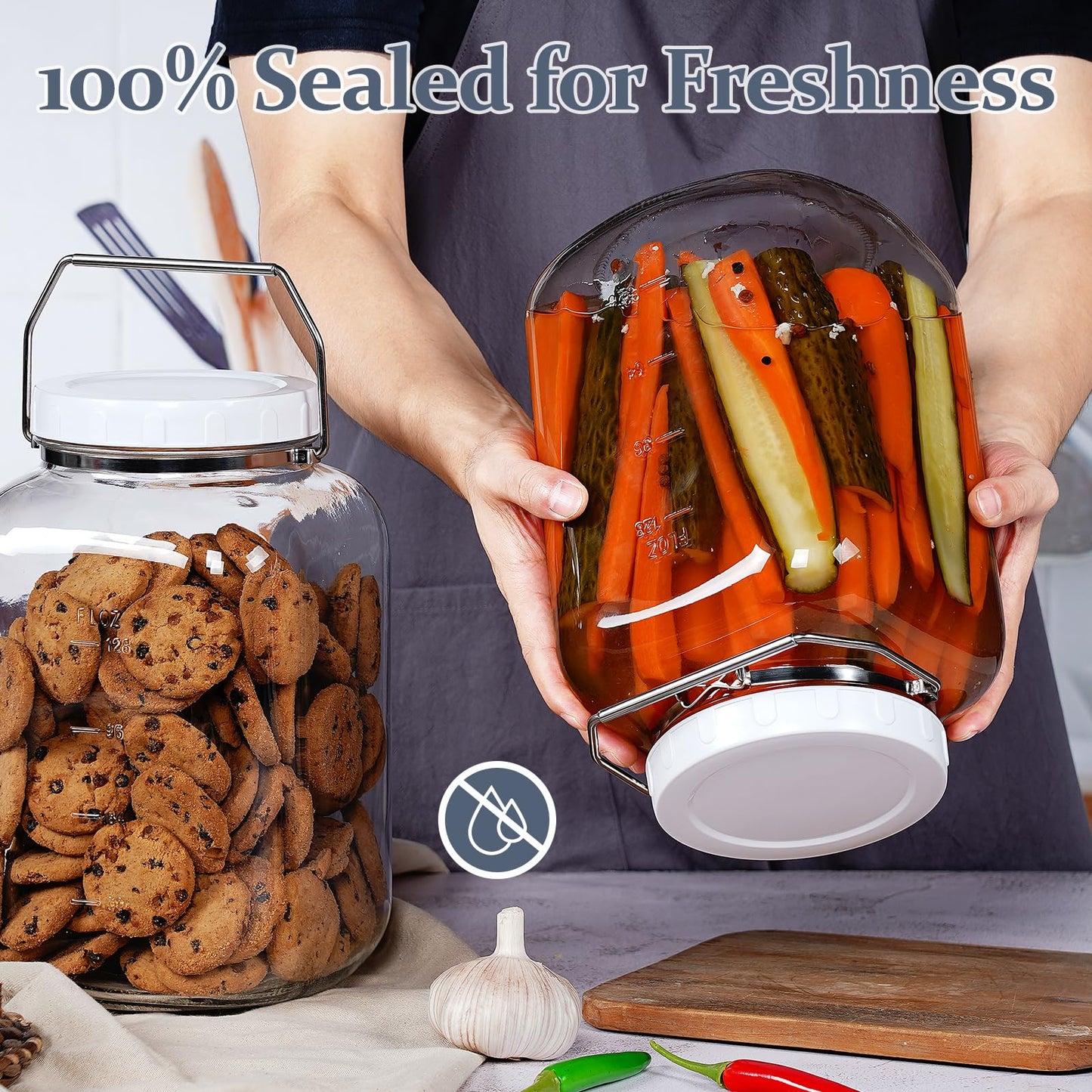 2 Pack 1.5 Gallon Glass Jar with Lid Wide Mouth, Large Mason Jar with Airtight Screw Lid and Handle, Clear Glass Storage Containers with 2 Scale Mark for Flour, Cookie, Candy, Kombucha and Fermention