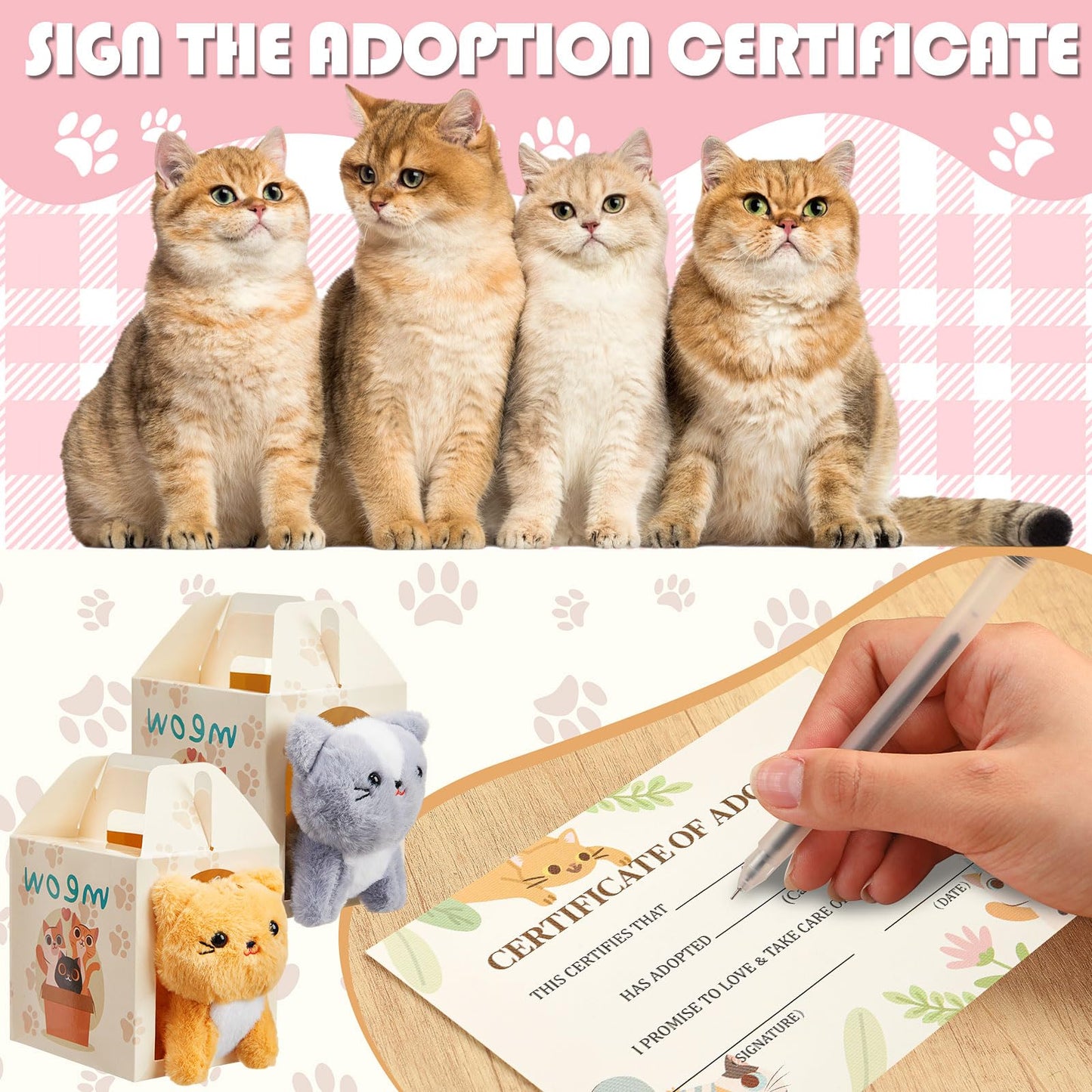 Skylety 24 Sets Pcs Adopt a Cat Favors Small Stuffed Plush Cats Bulk with Foldable Puppy Boxes Adoption Cards White Fences and Paper Sign for Adopt a Pet Theme Birthday Party Supplies Gifts