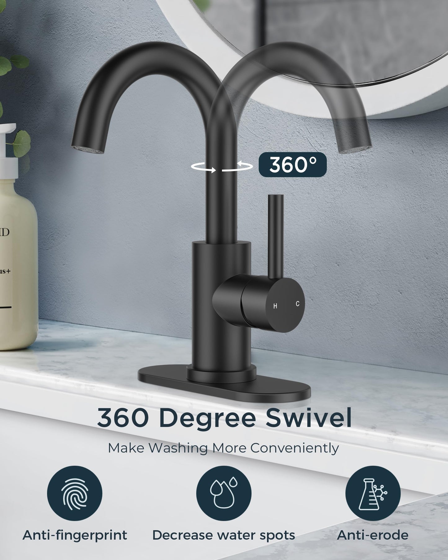 FORIOUS Black Bathroom Faucet 1 or 3 Hole Sink Single Handle, 360° Swivel Gooseneck Spout, Matte Finsh, Leak-Free, with cUPC Supply Line and Metal Pop Up Drain, Suitable for Bar Kitchen RV Vanity