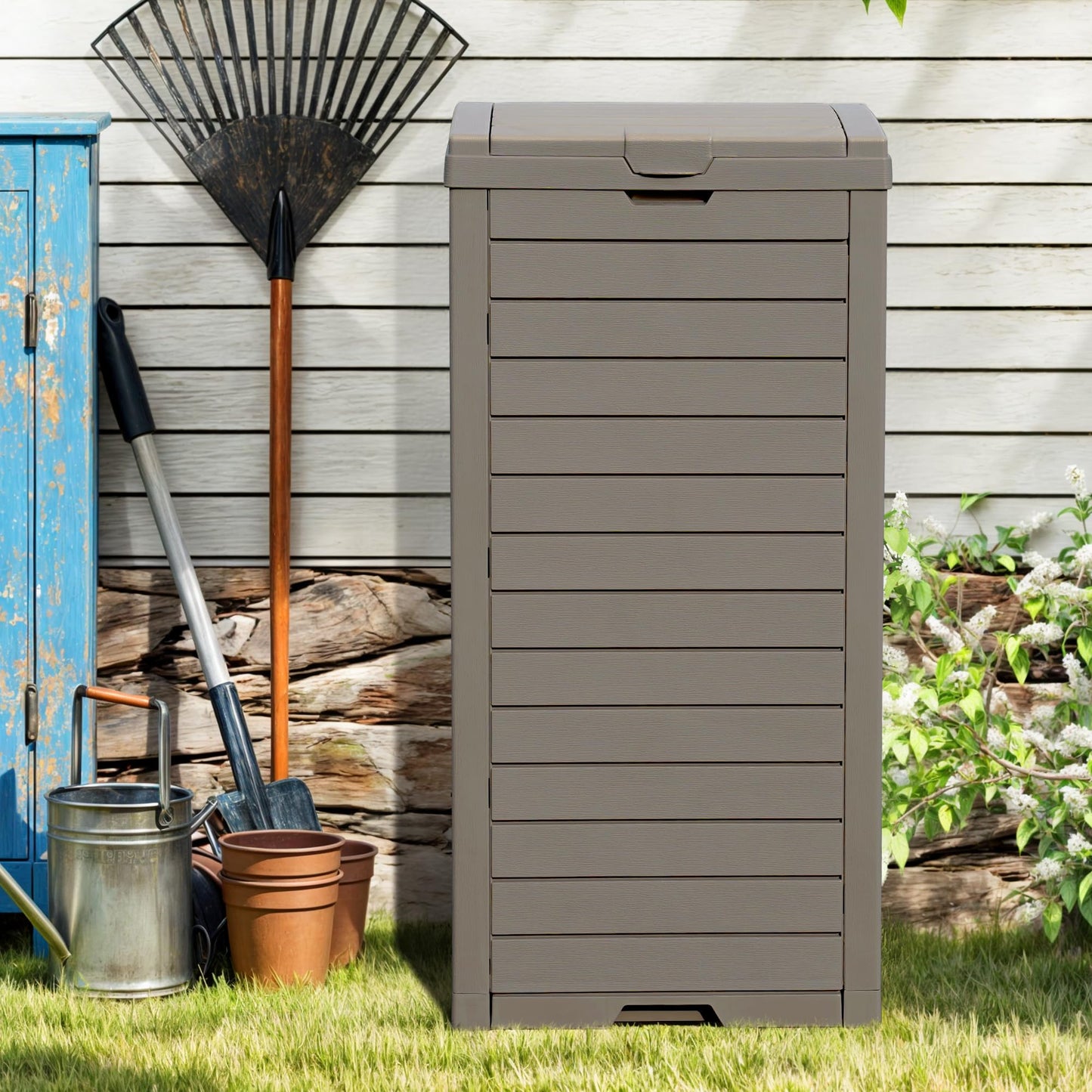 DWVO 38 Gallon Outdoor Trash Can with Lid & Drip Tray, Waterproof Hideaway Garbage Bin, Waste Container for Patio, Backyard, Deck, Garden, Easy Assembly & Clean (Taupe)
