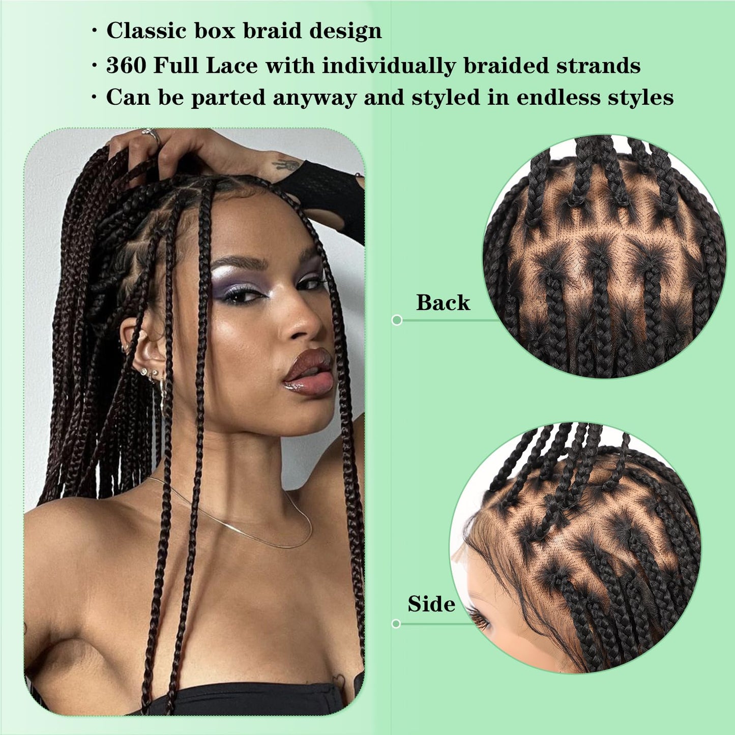 Youthfee 360° HD Full Lace Knotless Braided Wigs for Women Box Braided Wig with Baby Hair Human Hair Blended Natural Looking Braided Lace Front Wigs Black 36 Inch