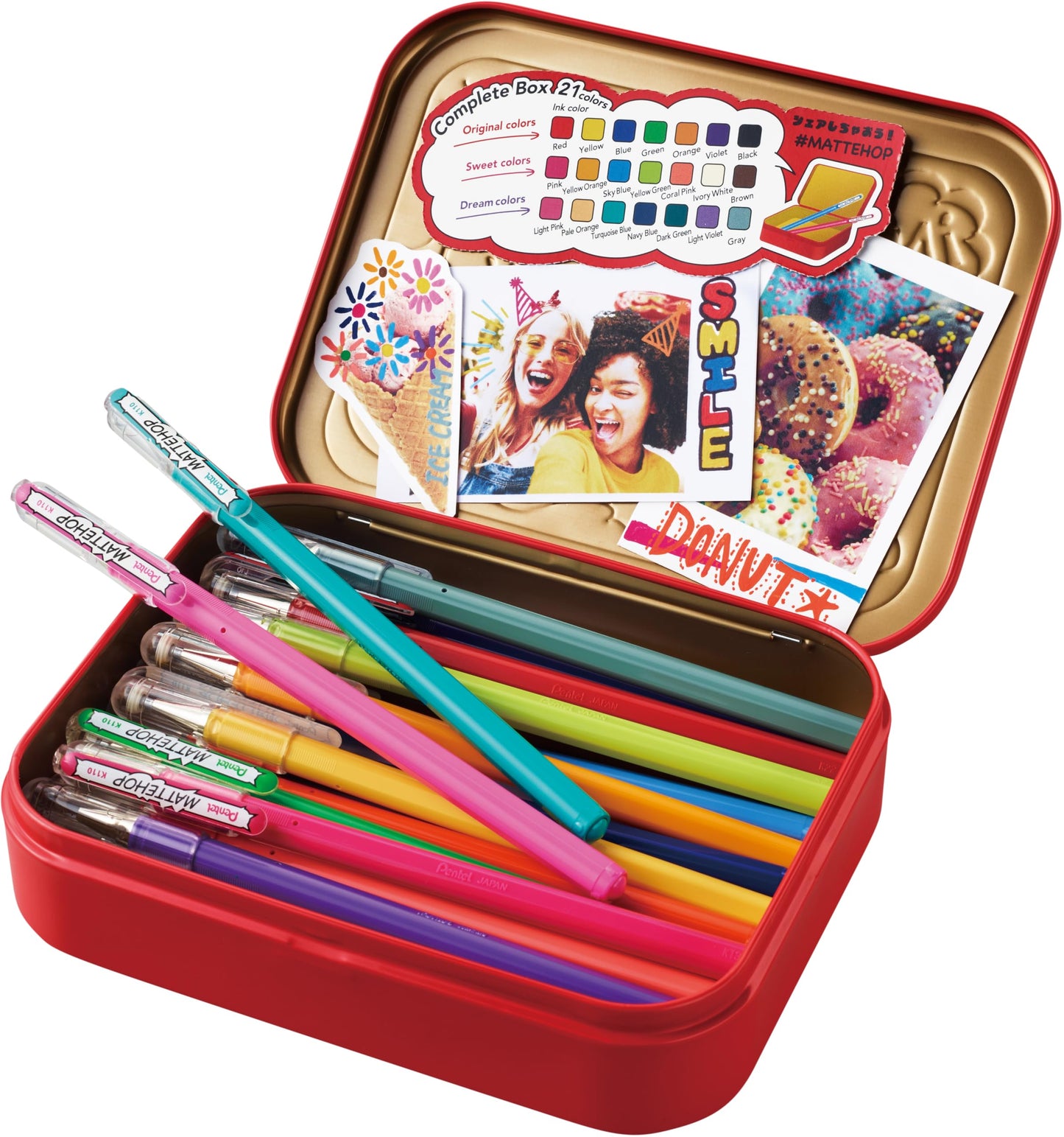 Pentel MATTEHOP Color Gel Pen Set, 1.0 mm, 21 Colors, Metal Box (K110-V21ST)