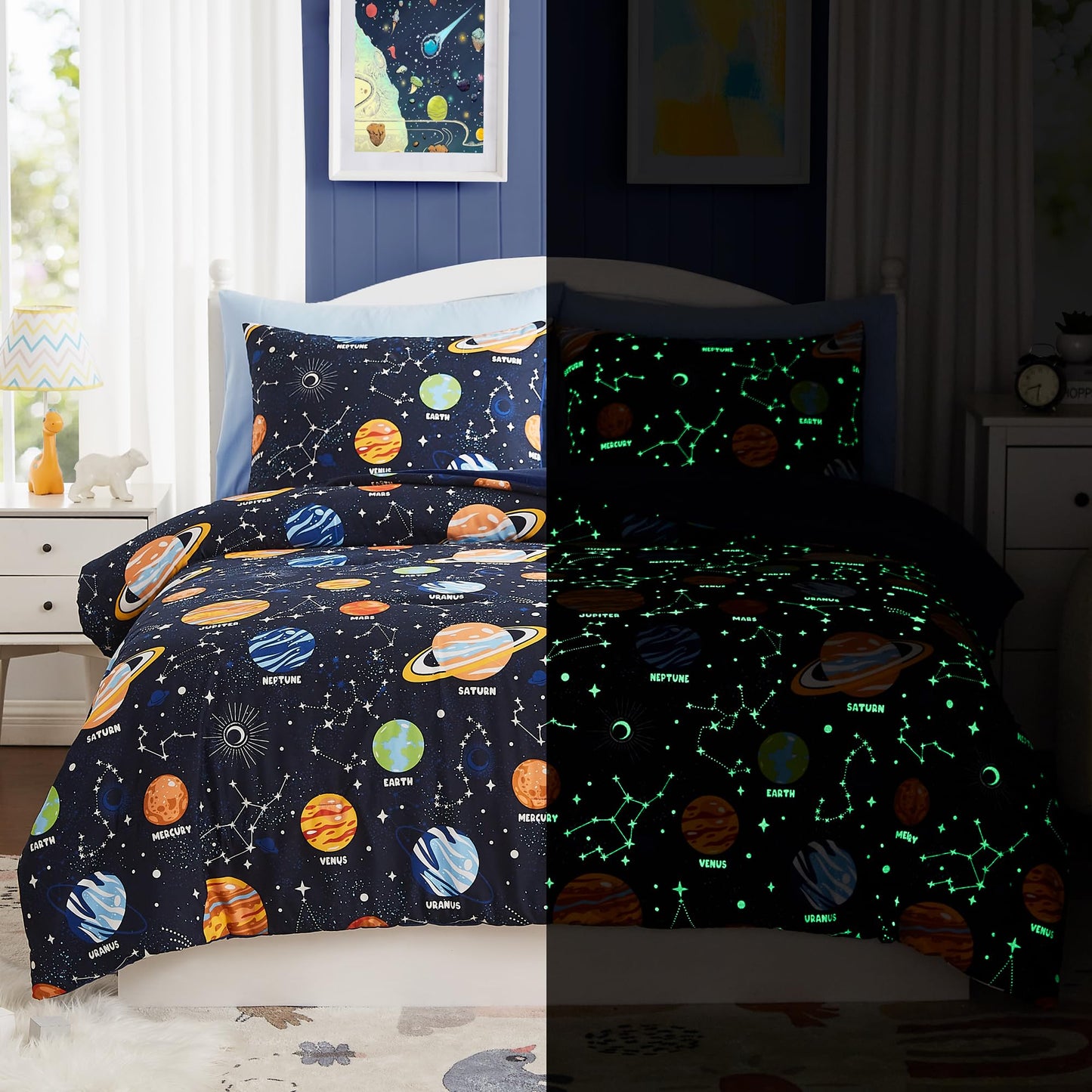 Twin Kids Comforter Set - 5 Pieces Twin Bedding Sets for Boys Girls Teen, Glow in The Dark Space Bed in A Bag with Sheets