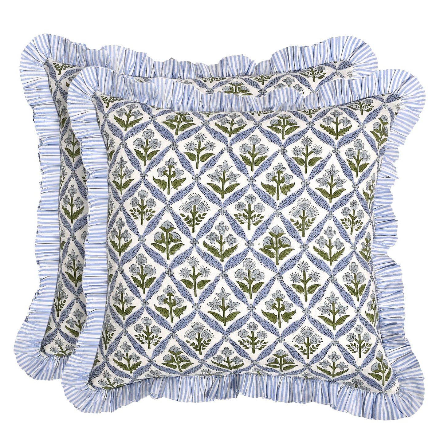 Ridhi Block Print Light Steel Blue Throw Pillow Cover 20" x 20" (Pack of 2) Decorative Cushion Covers with Ruffle for Couch, Sofa, Bed, Living Room, Home Decor Gift for Spring, Easter, Valentine