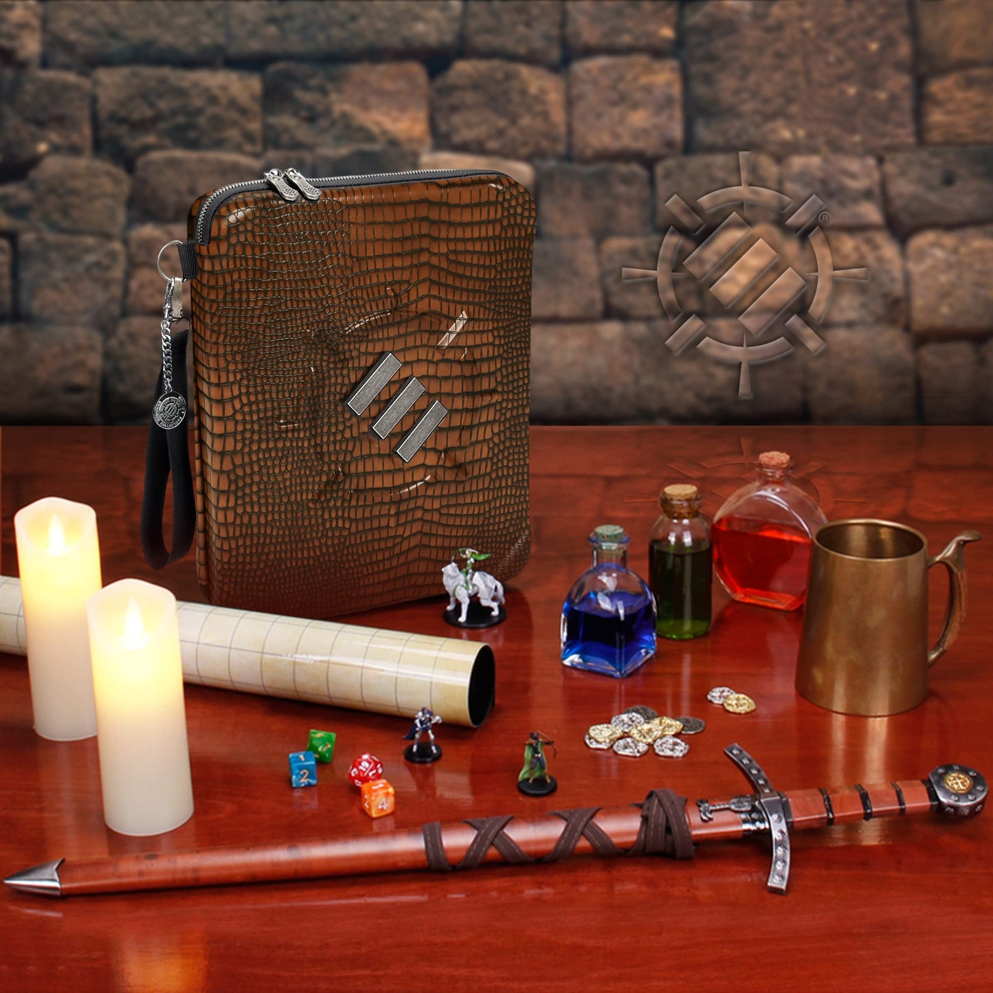 ENHANCE Collector's Edition RPG Organizer Case - DND Binder with Built-in Character Sheet Holder and Erasable Scribe Panel, Dice Rolling Area, Removable Pen Pouch, Miniature Foam Tray (Dragon Brown)