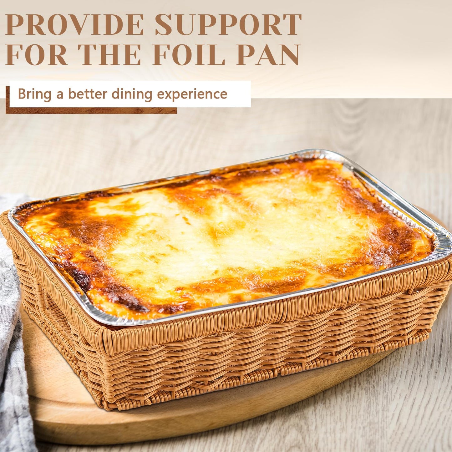 Marsui 4 Pcs Aluminum Foil Pan Holder for 9x13 Disposable Baking Tin Rattan Basket Woven Serving Basket Wicker Bread Basket for Food Containers Party Supplies and Catering