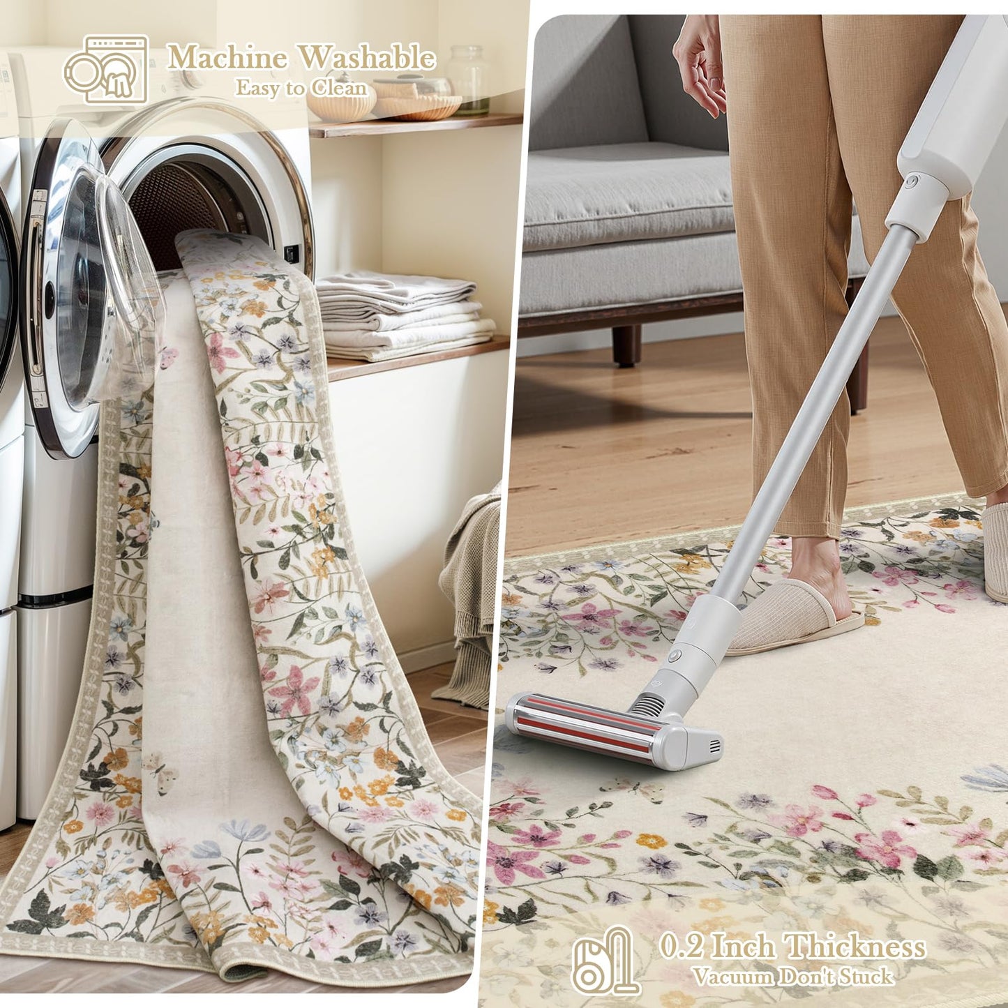 Wonnitar 5x7 Area Rug for Living Room, Floral Washable Rug for Bedroom, Boho Botanical Nursery Rug, Non Slip Soft Farmhouse Carpet, Beige Kids Playroom Decor (5x7 Beige)