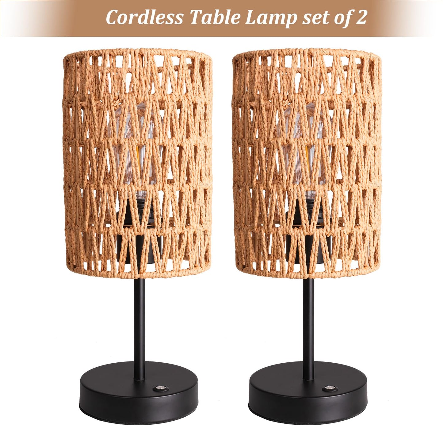 ALL FORTUNE Rechargeable Outdoor Table Lamps, Rattan Boho Cordless Battery Operated Table Lamps, Patio Lamp for Living Room, Balcony, Bedside Decor- Set of 2 (Beige)