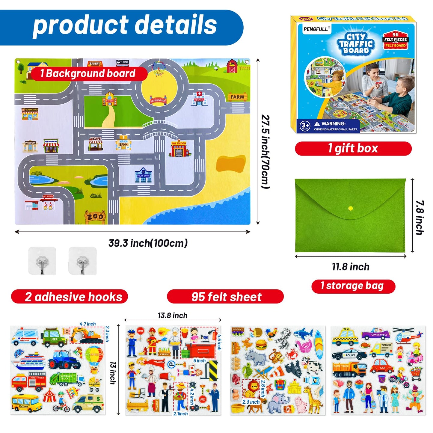 Felt Flannel Board Set for Toddlers,95 Felt Story Pieces,40*28in Wall Flannel Board ,My City Life Story,City Transportation Vehicles,Career Image Dress-Up,Zoo,Learning Interactive Storytelling