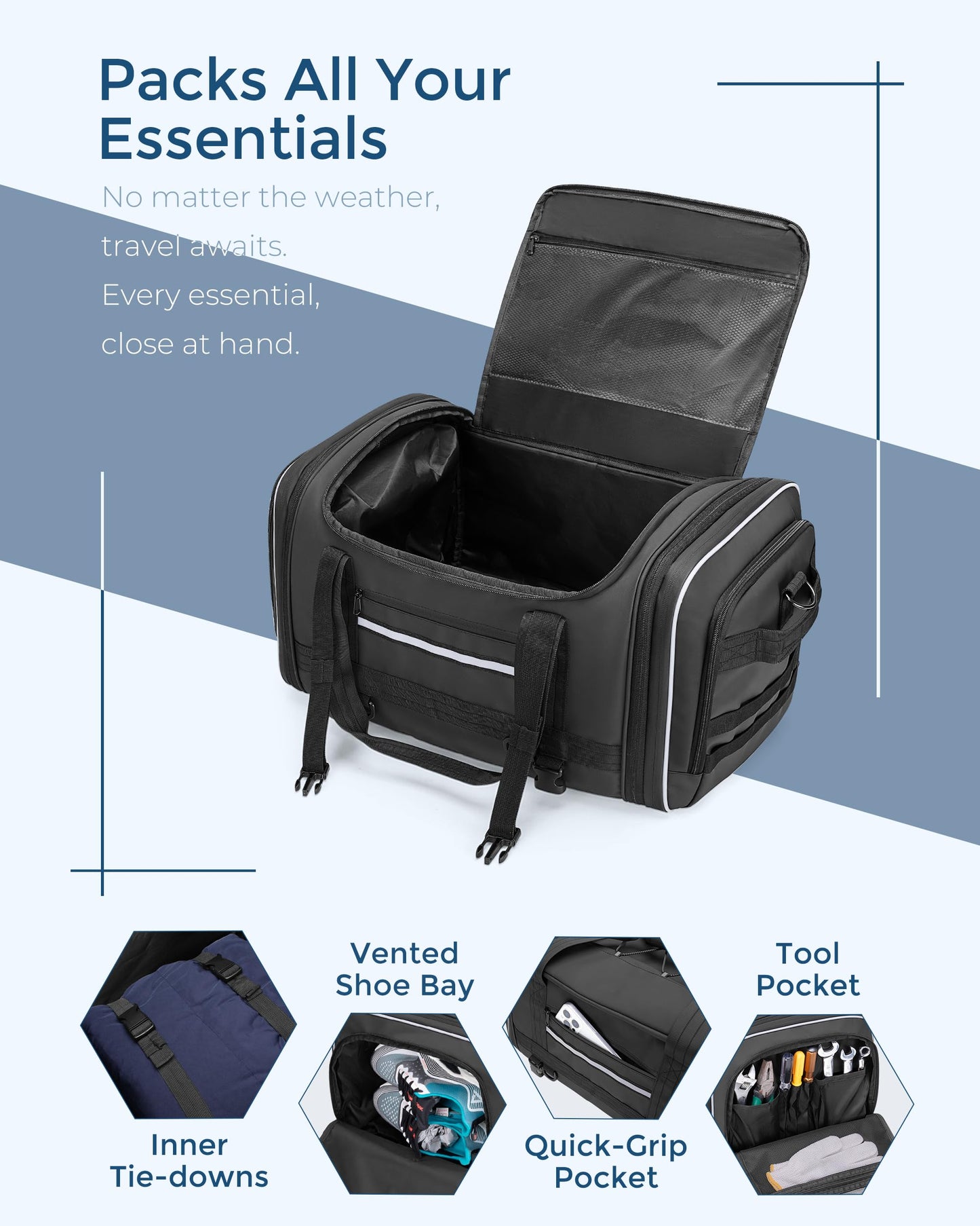 Marscamd Waterproof Motorcycle Tail Luggage Bag, 48L-64L Expandable, a Rain Cover Included, Bag with 4 Rack Mount Straps and Multiple Pockets - Black