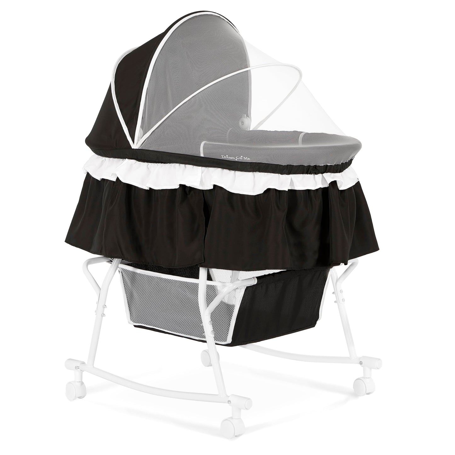 Dream On Me Lacy Portable 2-in-1 Bassinet & Cradle with Full Canopy, Storage Basket, Locking Wheels, Lightweight Frame, BSA Certified, Includes 1” Mattress Pad -Black