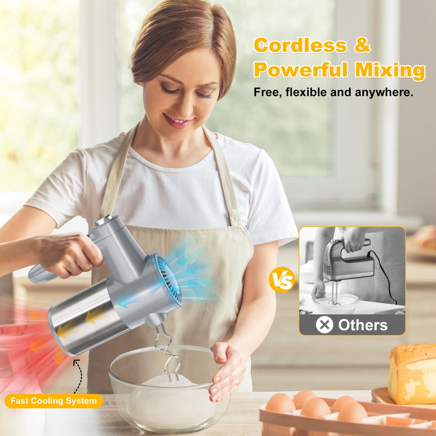Cordless Electric Hand Mixer, 7 Speed Rechargeable Wireless Handheld Mixer with Eject Button, Long Battery, Quiet Anti-Splash, 6×304 Stainless Steel Attachments & Storage Base for Baking (Silver)