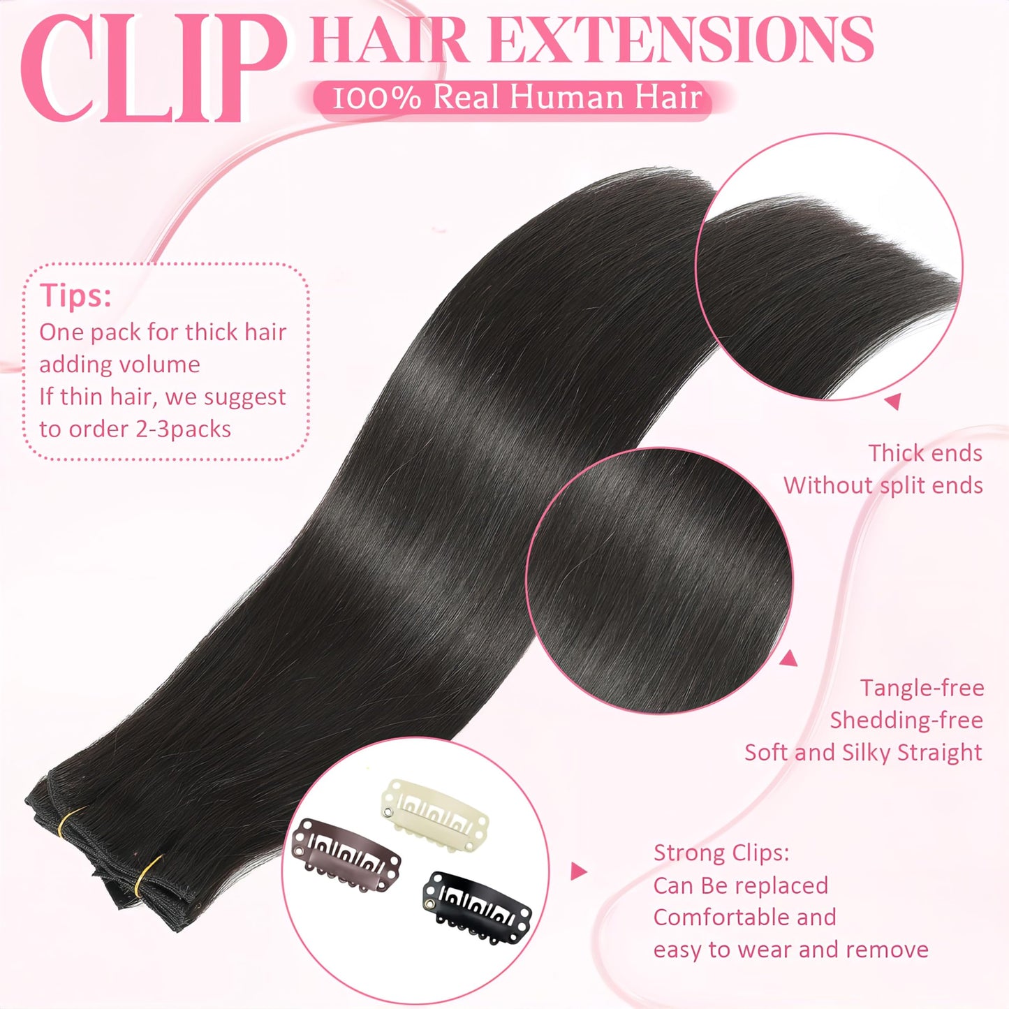 Tebelove Clip in Hair Extensions Real Human Hair, 100g/3.6oz, Clip in 100% Brazilian Remy Human Hair Extension for Women, Double Weft 8pcs Per Set with 18 Clips 1B Natural Black 16 Inch