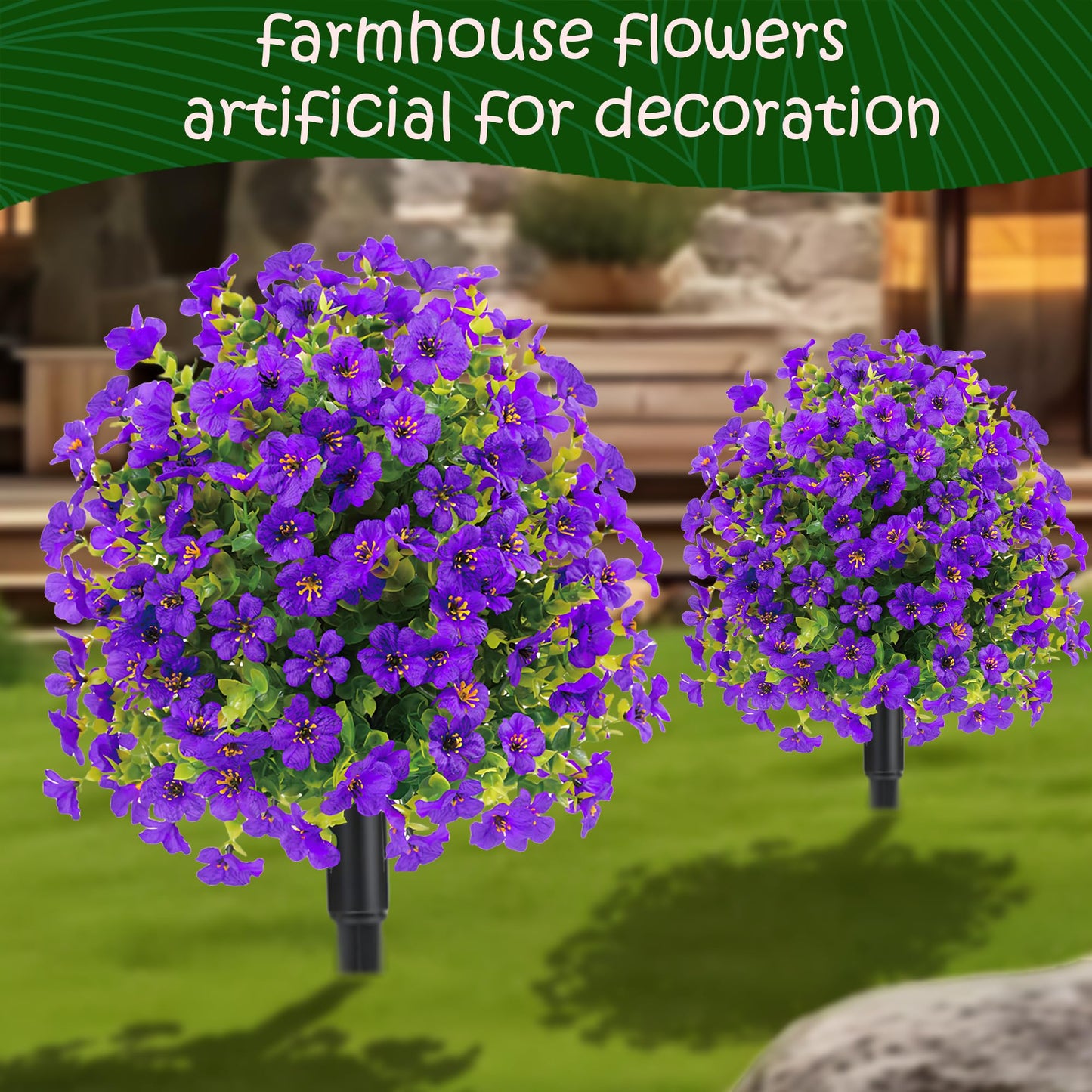 23" Set of 2 Spring Artificial Boxwood Topiary Ball Trees with Spikes,UV Resistant Fake Outdoor shrubs with Violet Flowers, Realistic Faux Plants Bushes for Garden Porch Yard Patio(Purple)