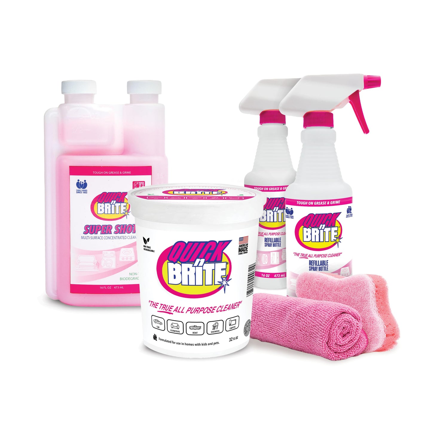 Quick 'n Brite Ultimate Cleaning Kit – Includes 32oz Paste, 16oz Super Shot, 2 Refillable Spray Bottles, Microfiber Towel, Scrubber Sponge & Quick Start Guide – All Purpose Cleaner - Made in the USA