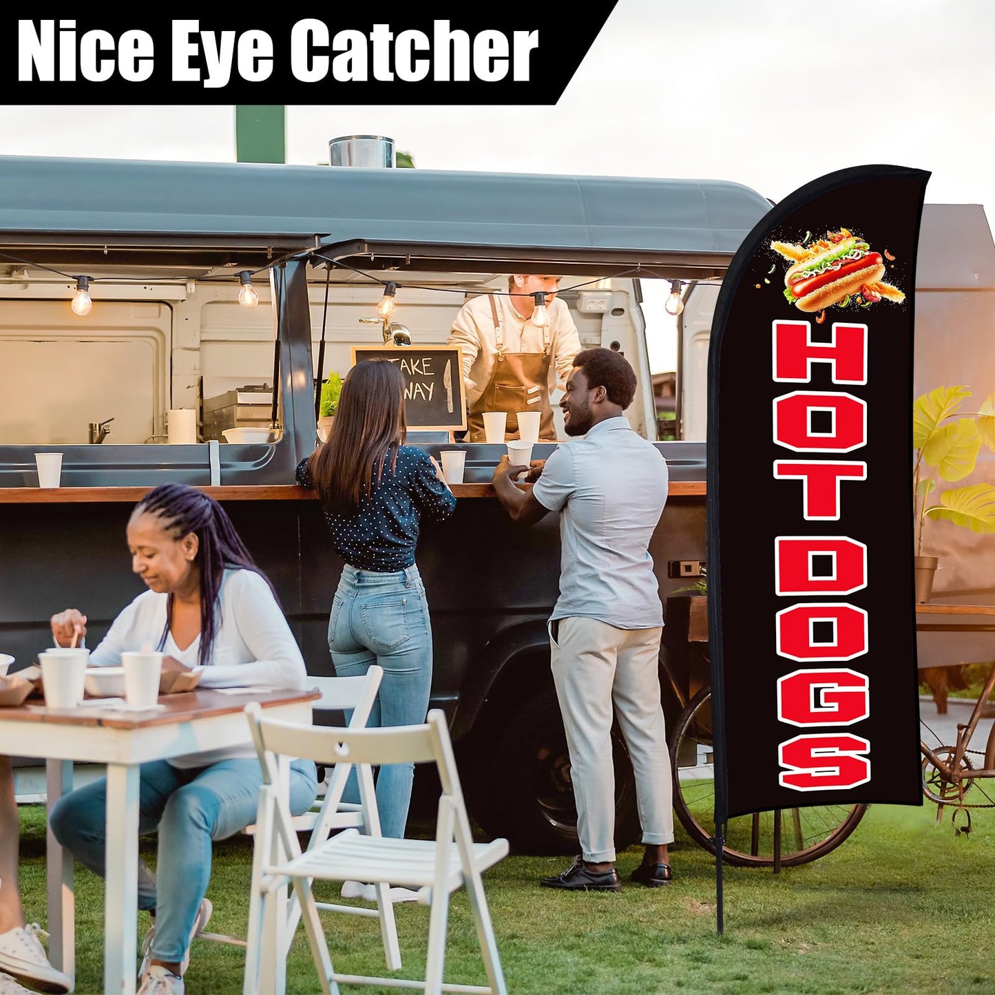Buryeah 2 Sets Hot Dogs Feather Flag Kit 7 x 5.4 ft Hot Dogs Swooper Flag Pole Kit with Pole Ground Stake and Portable Bag Hot Dog Sign for Restaurant Advertising Business Outside Ground (Black)