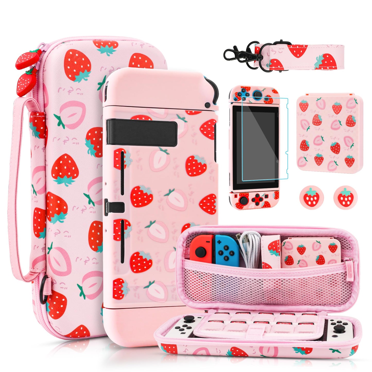 RHOTALL Cute Strawberry Carrying Case for Nintendo Switch, Hard Portable Travel Case for Switch Accessories with Protective Shell, Shoulder Strap, Game Card Case, Screen Protector and 2 Thumb Caps