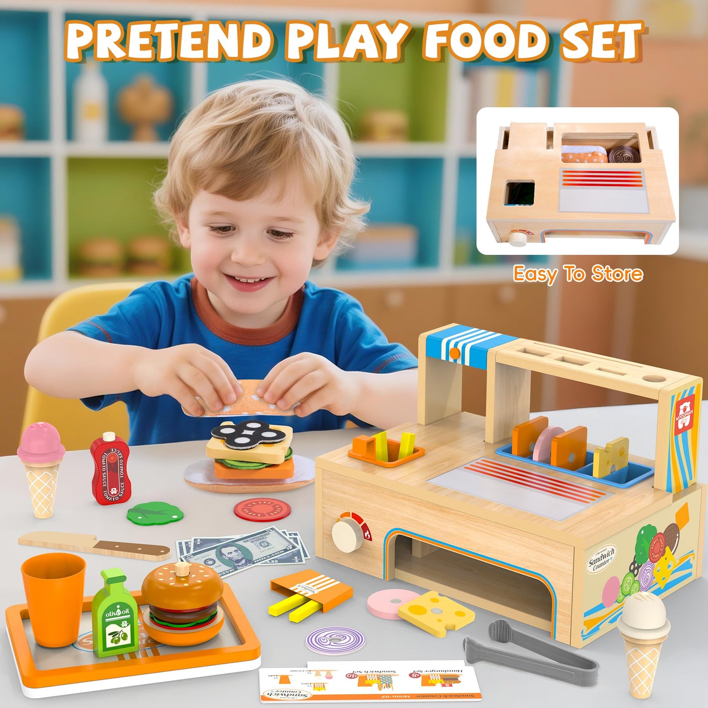 Wooden Play Food Sets Sandwich Counter, 56 Pcs Foldable Pretend Play Kitchen Food Toy with Burger, Ice Cream, Fries, Play Money & Menu, Kids Play Store Boys Girls Birthday Gift for Toddlers Ages 3+