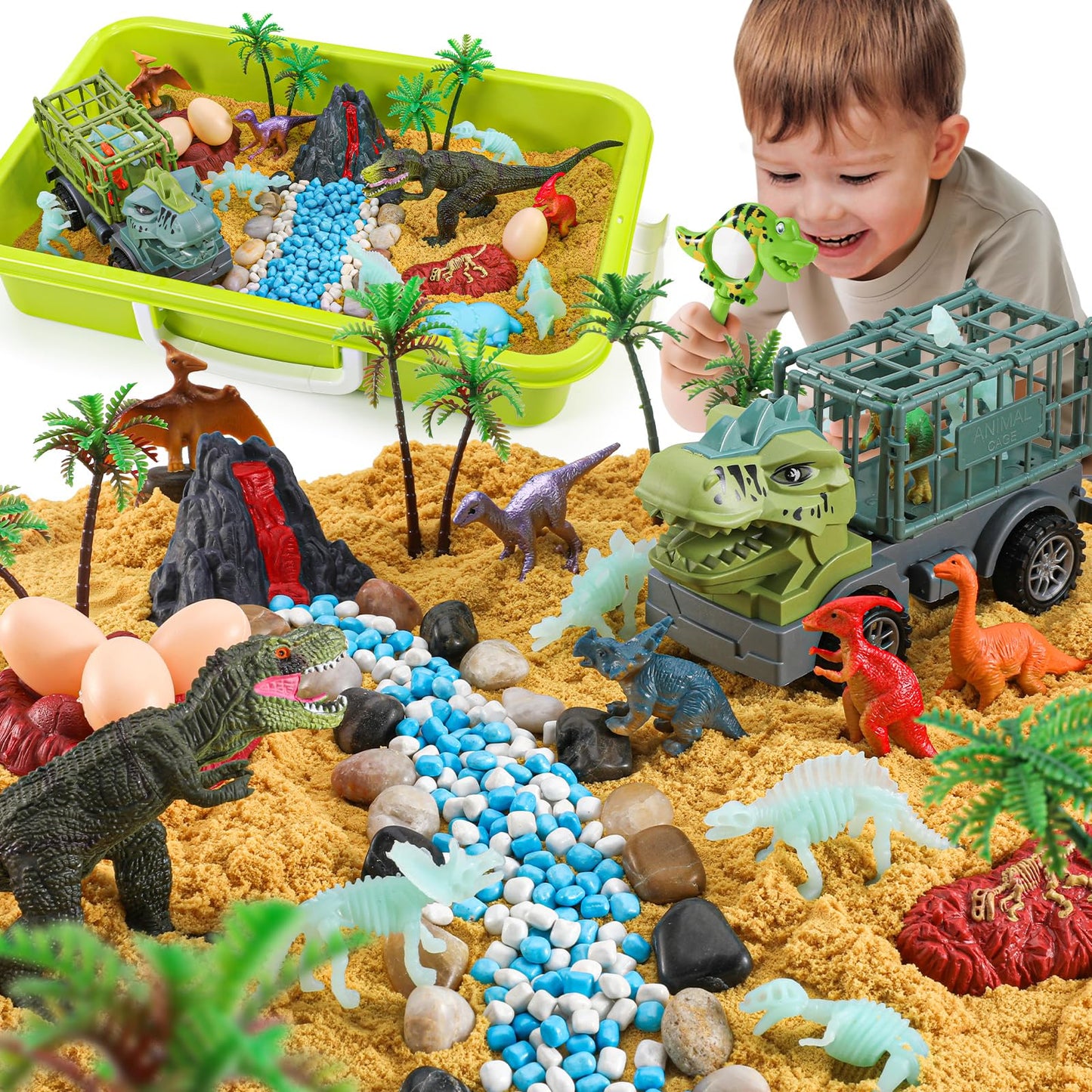 FRUSE Dinosaur Sensory Bin Toys,Play Sand Art Kit with 2.2lbs Sensory Play Sand,Glow in The Dark Dinosaurs,Dino Magnifying Glass and Sandbox,Learning Toys for Kids Ages 3 4 5 6 7 8