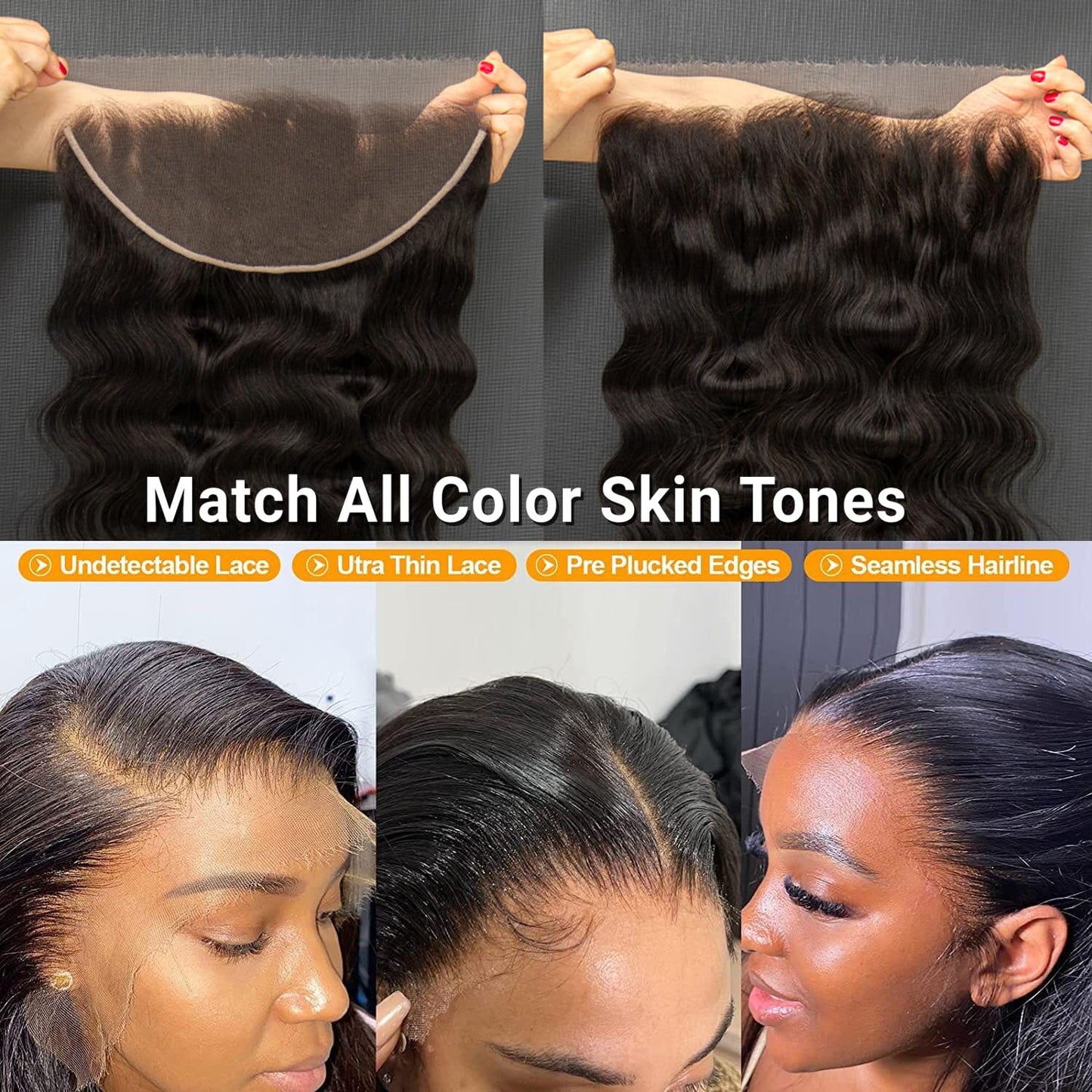 KRN 13X6 Real HD Lace Frontal Body Wave, Ultra-Thin Invisible Lace Frontal Human Hair Natural Black 12A Brazilian Virgin Hair Single Knot HD Frontal 13X6 Pre-Plucked with Baby Hair 16 Inch