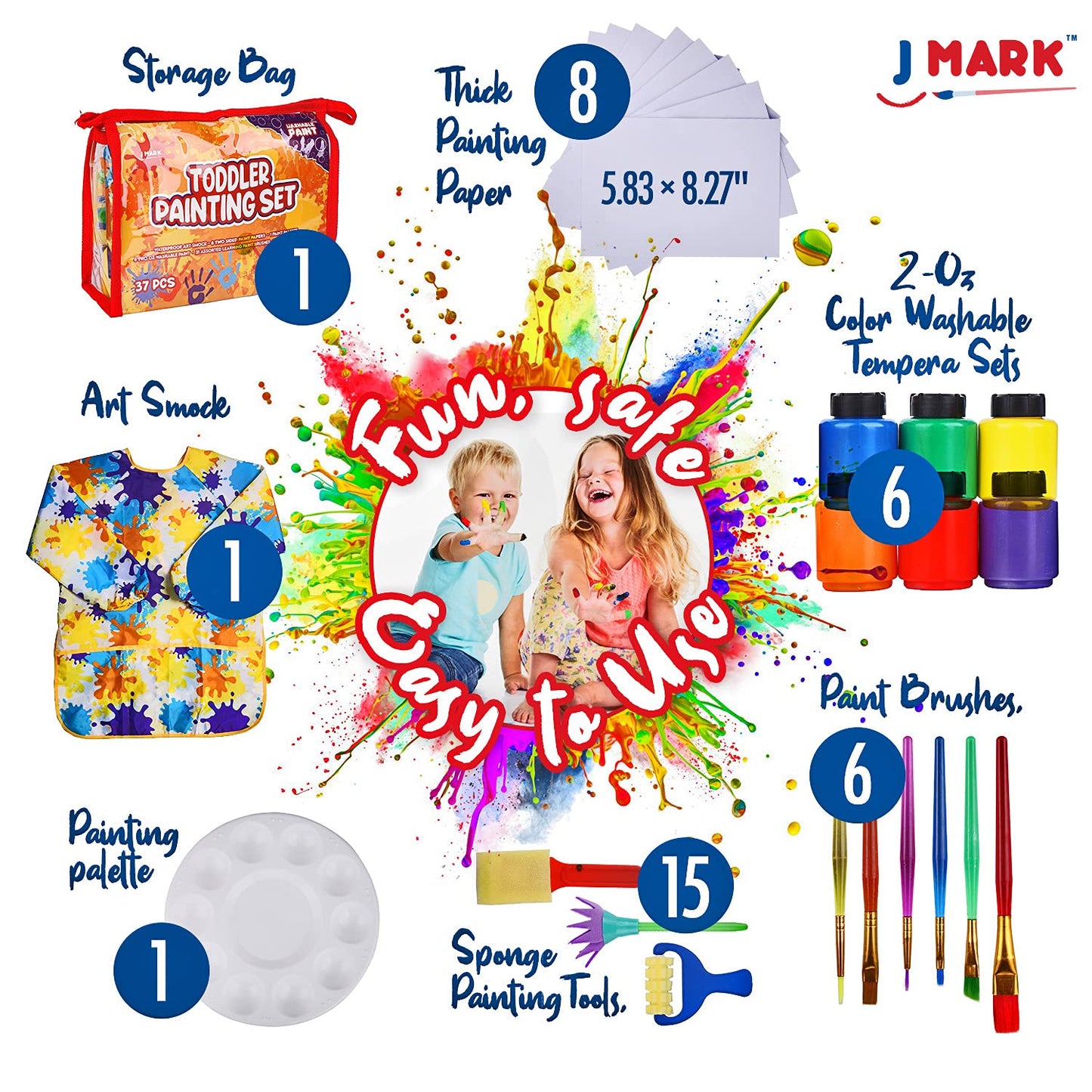 J MARK Complete Toddler Painting Set – 38-Piece Washable Non-Toxic Tempera Paint Set for Toddlers, Includes Art Smock, Toddler Painting Paper, Brushes, Painting Tools and More