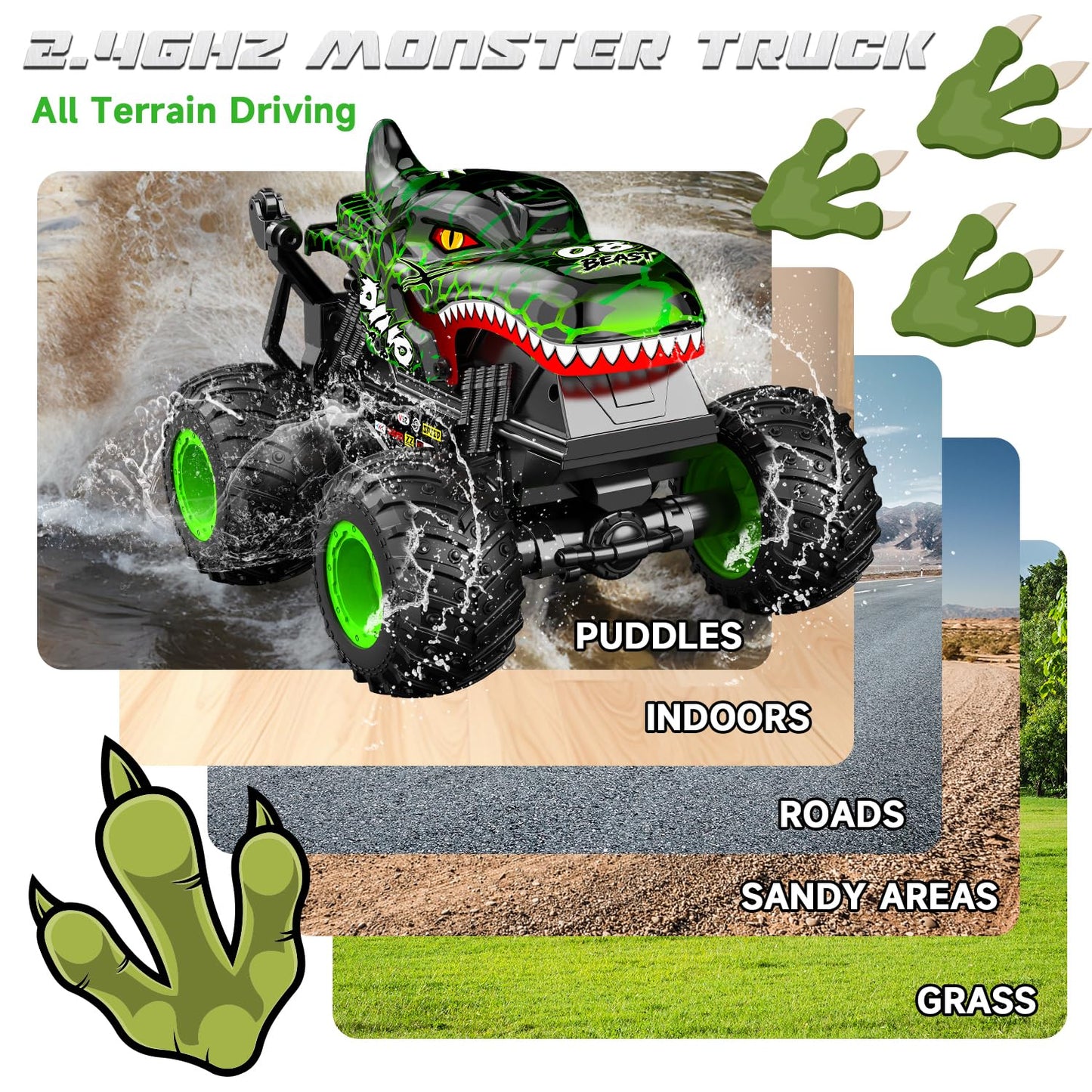 Gohero Monster Truck Toys for Kids, 1:20 Dinosaur Toys RC Car Truck with 360° Spins & Drifting, 2.4GHz All-Terrain Monster Trucks for Boys Age 4-7 | with LED Light, Music & 2 Rechargeable Batteries.