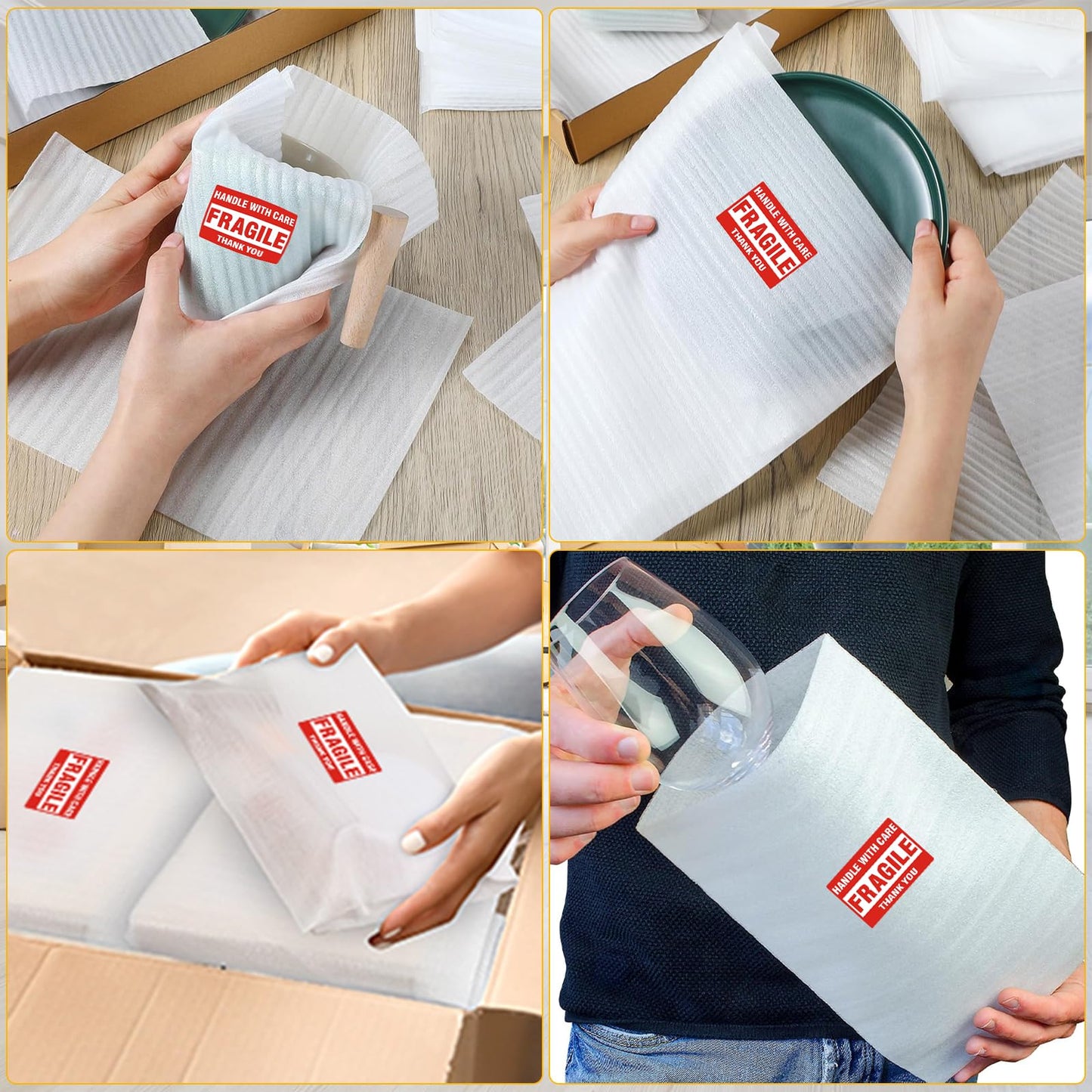 400PCS Dish Packing Supplies for Moving,300 Cushioning Foam Pouches and Sheets,4 Sizes(16"x12",12"x12",12"x7.8",7.8"x7.8") with 100 Fragile Stickers,Packaging Foam for Protect Dishes Glasses Storage
