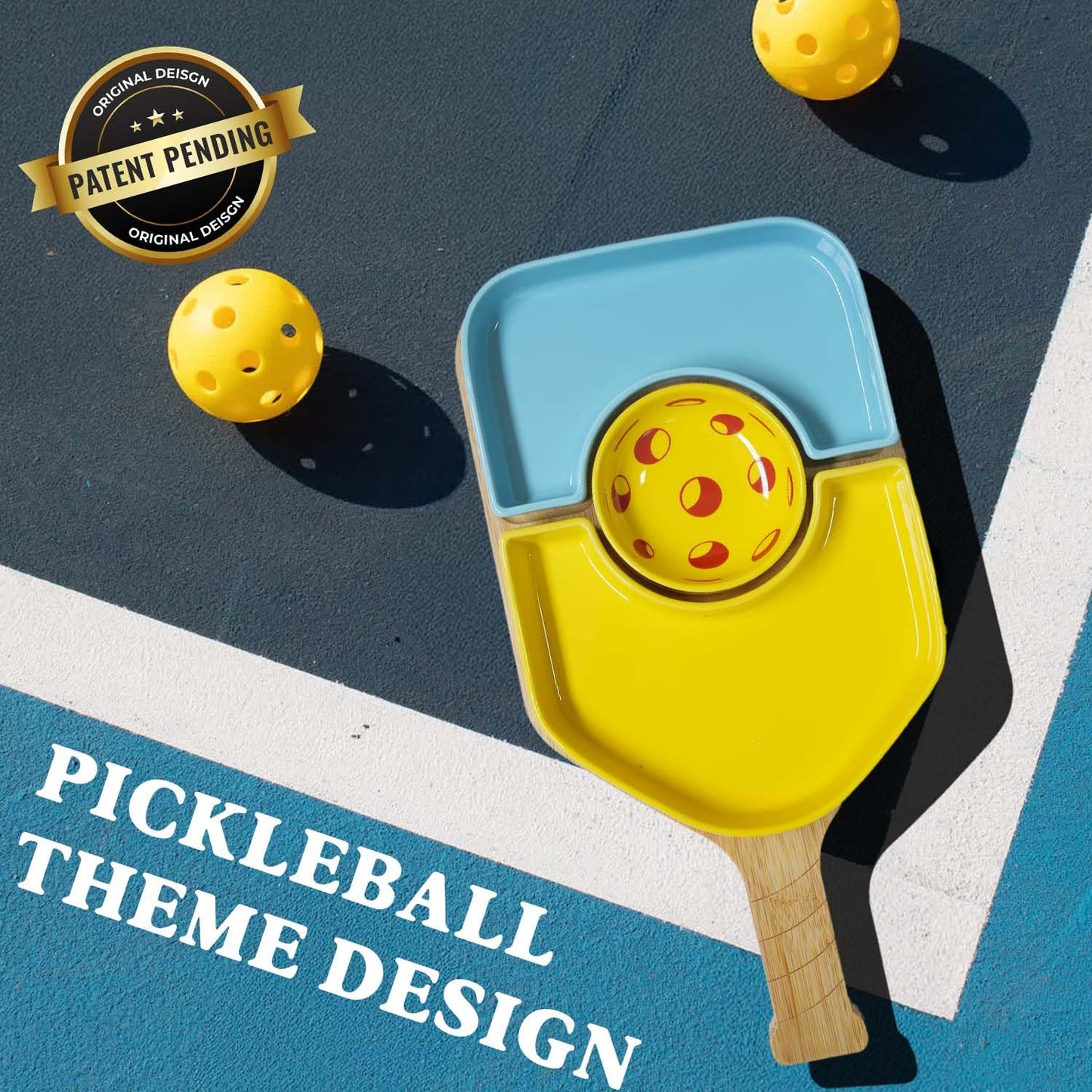 DWATAN Pickleball Paddle Snack Tray Set, Ceramic Serving Plates with Bamboo Charcuterie Board, Paddle Appetizer Platter for Parties, Unique Pickleball Gifts for Father's Day