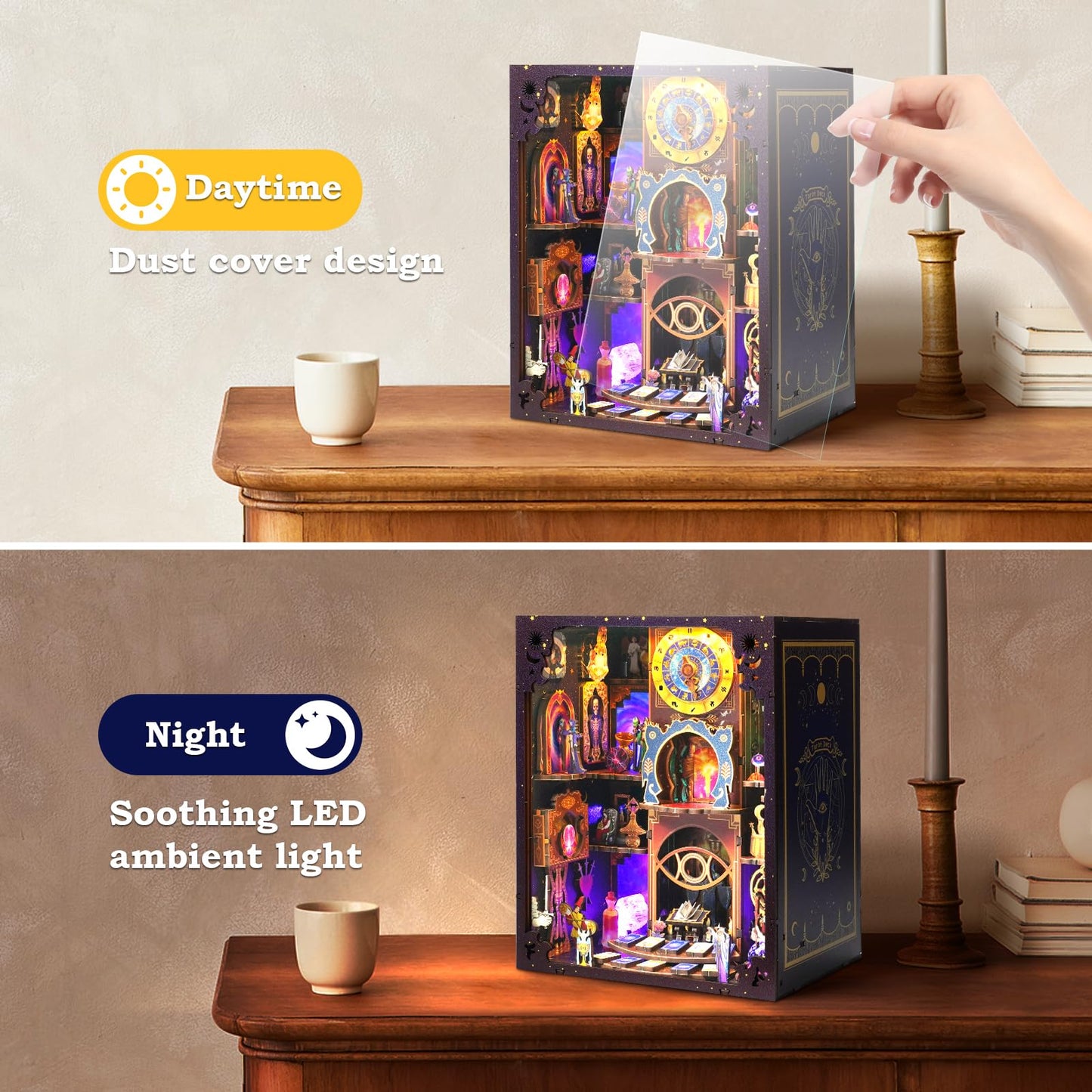 Book Nook Kit - Fantasy Tarot 3D Wooden Puzzle for Adults, Teens & Beginners, DIY Miniature Bookshelf Insert with LED Light, Mysterious Craft Gift for Model Builders