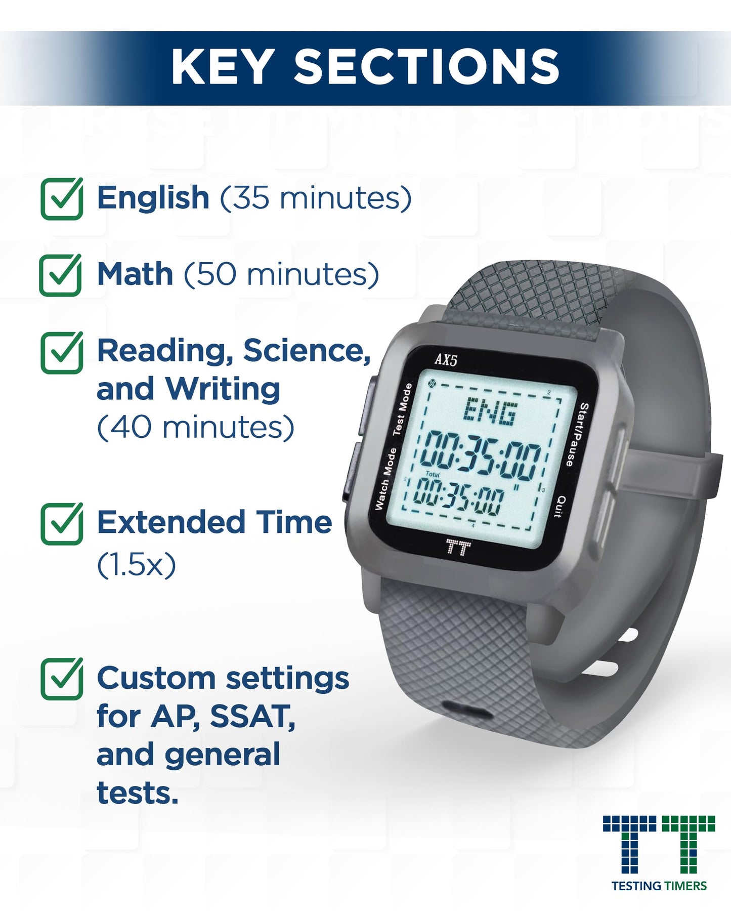 ACT Authorized Test Prep Pacing Watch | Easy-to-Use Silent Digital Wrist Watch, w/ Pre-Program Section for ACT & Marker to Monitor Elapsed Time (Standard + Extended Time) - Pair w/ ACT Prep Book Guide
