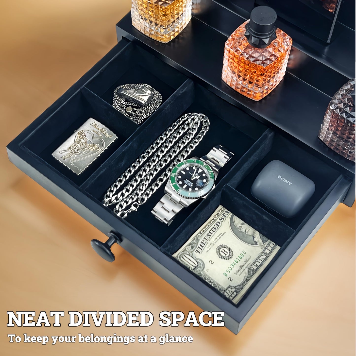 Wooden Cologne Organizer For Men 4 Tier Black | High Grade Velvet Lining and Stylish Gift Box | Double Side Compartment | Space Aid Cologne Holder | Perfume Display Stand | Men's Room Essential
