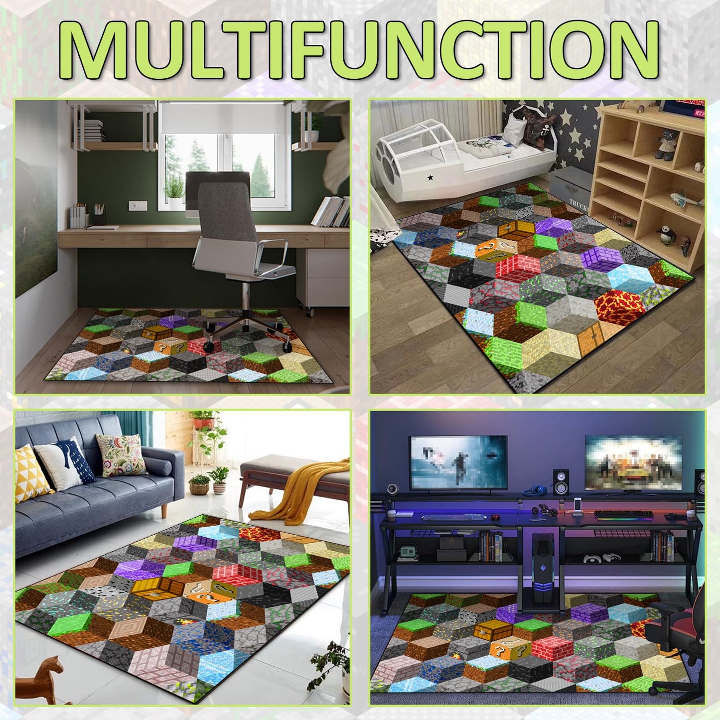 Block Game Rug Teen Boys Carpet with Pixel Games Element Decoration Mat, Cube Block Game Rugs for Boy’s Bedroom Living Room Playroom, Non-Slip Children Gaming Area Rugs (79" x 59")