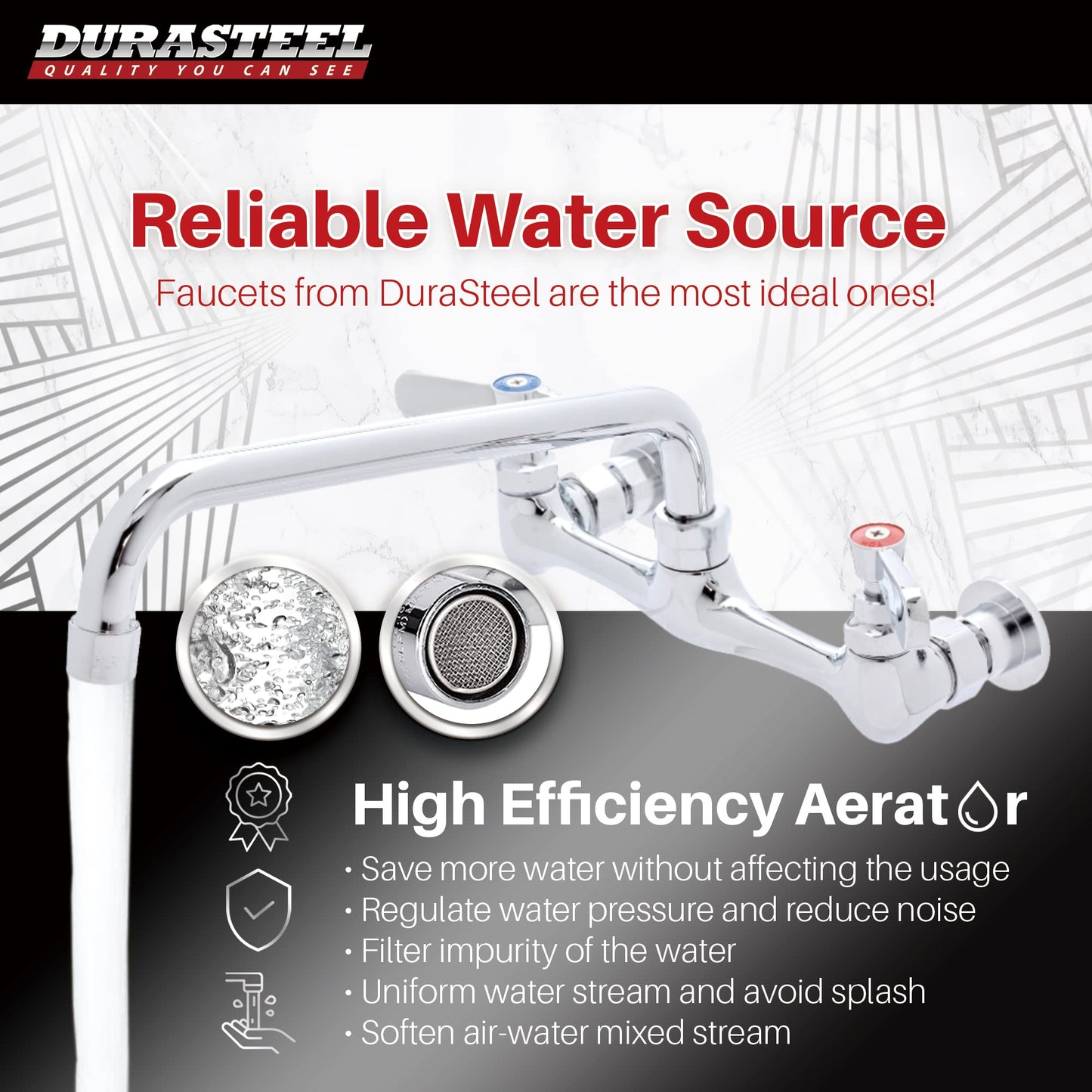 DuraSteel Kitchen Sink Faucet Wall Mount - DuraSteel 8" Center Commercial Kitchen Sink Faucet with 12" Swivel Spout - Dual Lever Handles - Brass Constructed & Chrome Polished