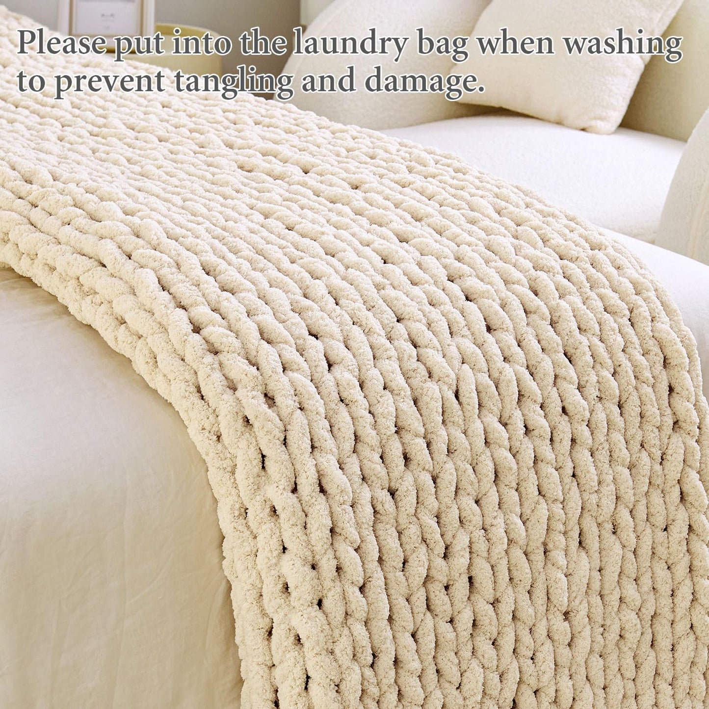 Admitrack Chunky Knit Blanket Throw, 100% Hand Knit Chenille Throw Blanket for Sofa & Home Decor, Soft and Cozy Knitted Throw Blankets (Ivory, 60"x80")