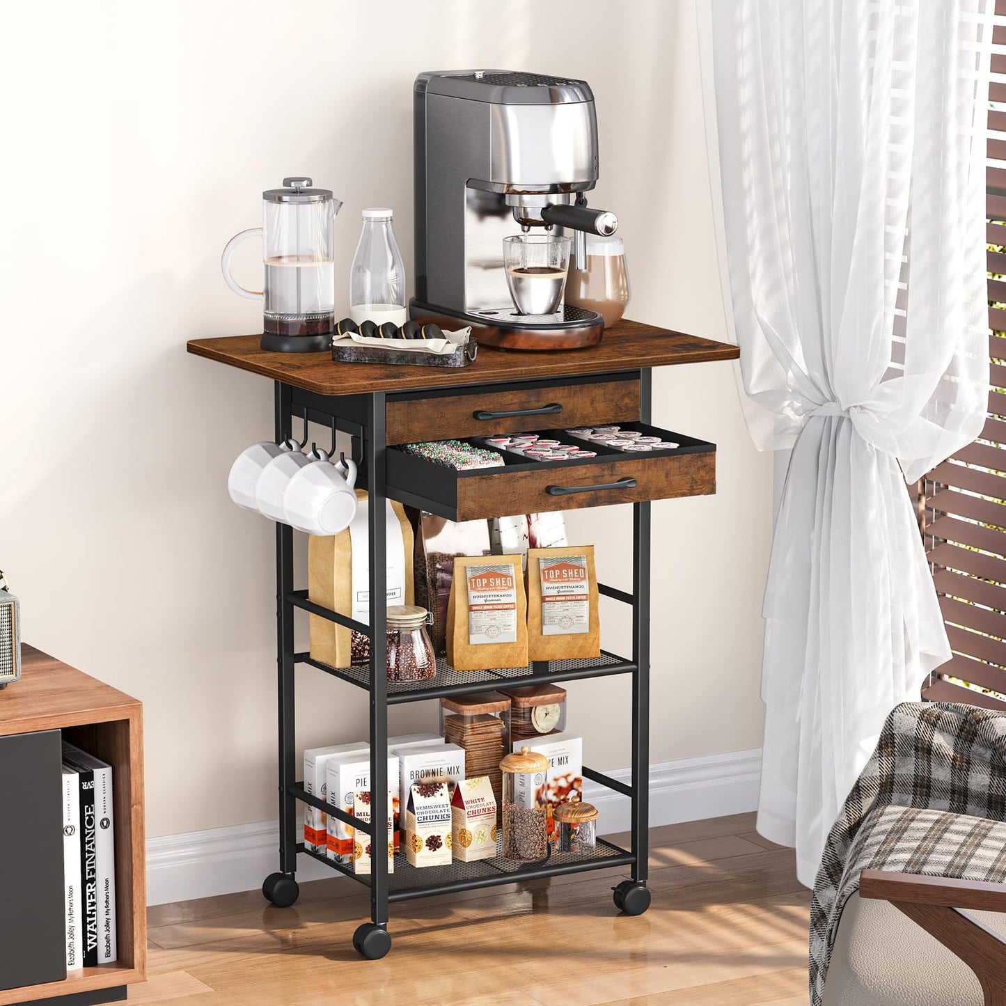 Snughome 5 Tier Rolling Coffee Cart with 2 Large Drawers & Removable Dividers, Extra-Wide Coffee Bar Cart with Storage, Farmhouse Coffee Station Cabinet for Living Room, Kitchen, Office