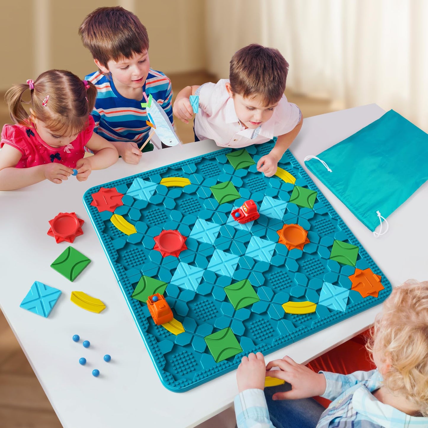 Burgkidz STEM Board Games for Kids Ages 4-8 - Large Size Build Your Own Maze with Building Bricks, Includes 2 Pull-Back Cars & Storage Bag, 3 Difficulty Levels Educational Montessori Toys