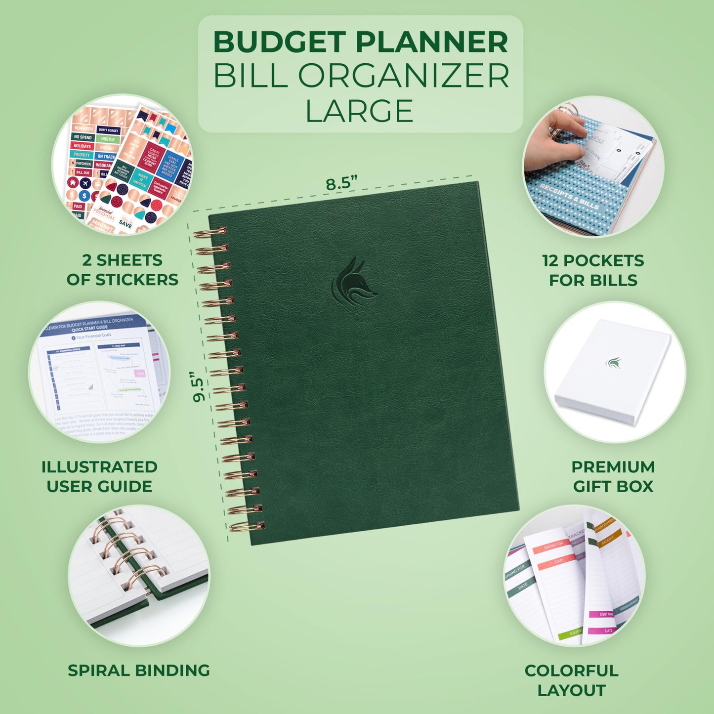Clever Fox Budget Planner & Monthly Bill Organizer With Pockets. Expense Tracker, Budgeting Journal & Financial Book. Large, 8x9.5" (Dark Green)