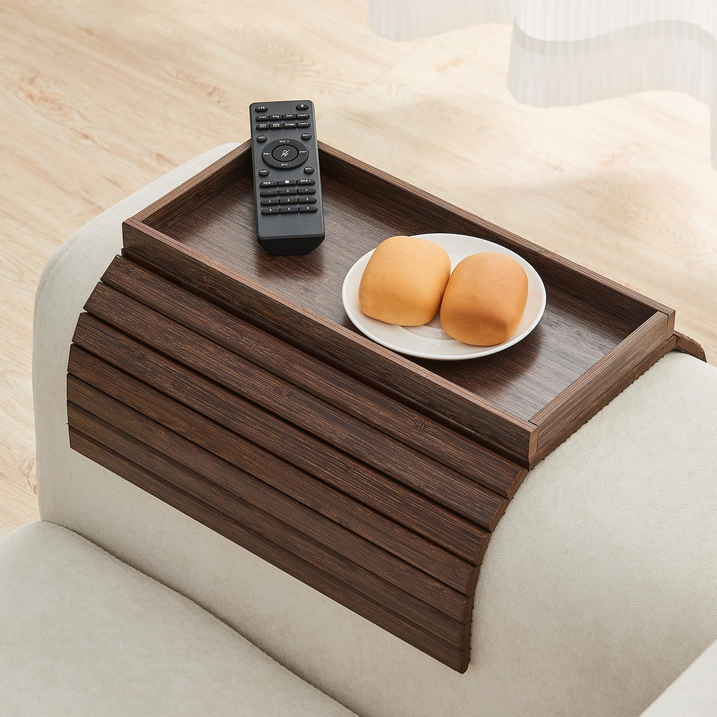 GEHE Bamboo Sofa Arm Tray, Foldable Couch Arm Tray Side Table, Anti-Falling Armrest Tables Cup Holder for Snacks, Drinks, Beers, Phone, Control, Flexible and Portable, Anti-Slip Bottom