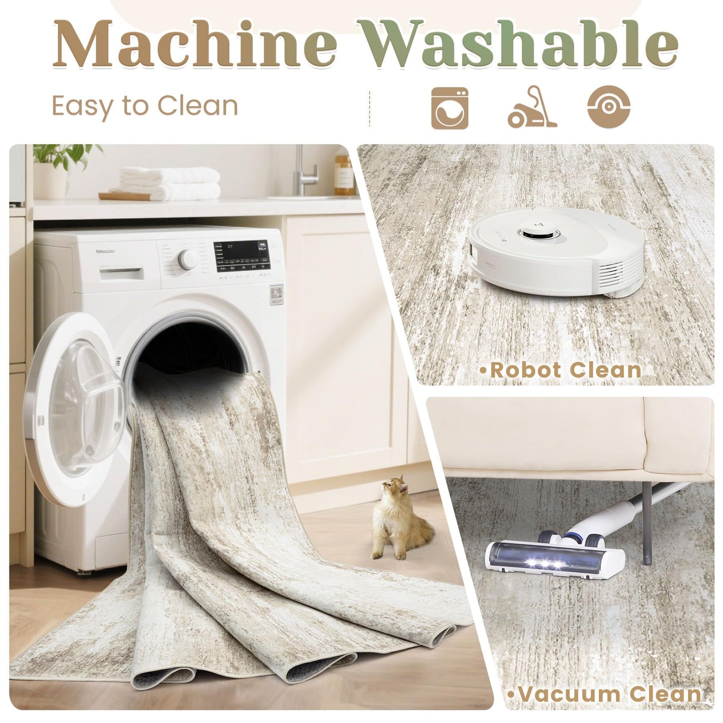 Washable Rug 6x9 Area Rugs for Living Room: Neutral Soft Rug Abstract Non Slip Low Pile Modern Carpet for Bedroom Kitchen Nursery Office Dining Room Indoor (Beige, 6'x9')