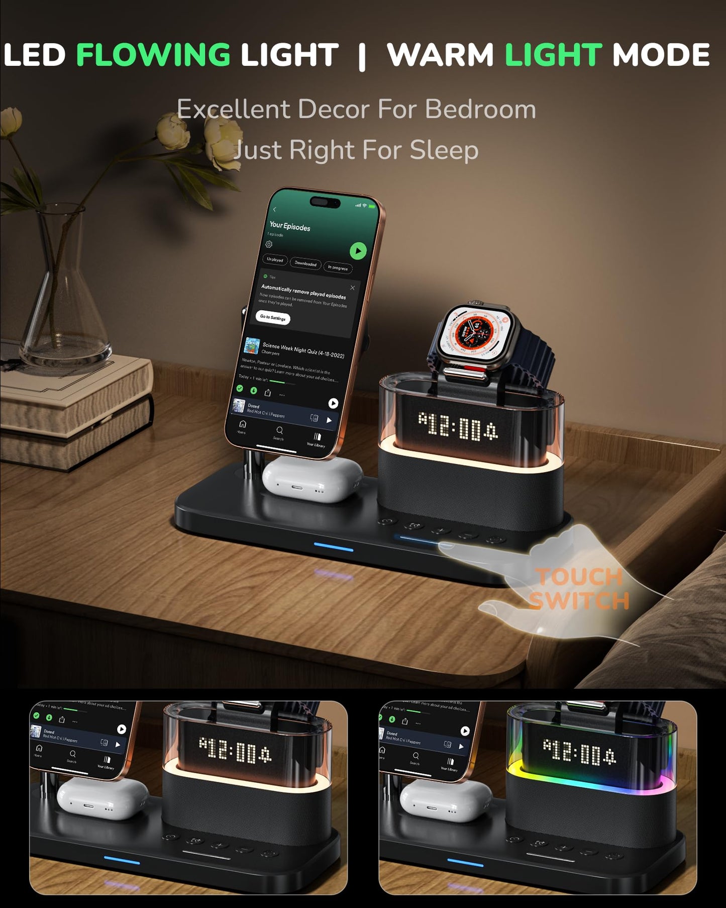 5 in 1 Wireless Charging Station for Apple,Mag-Safe Charger with Alarm Clock Night Light for Multiple Devices,Nightstand Charging Station for iPhone 17/16/15/14/13/12,Apple Watch Series,Air-Pods