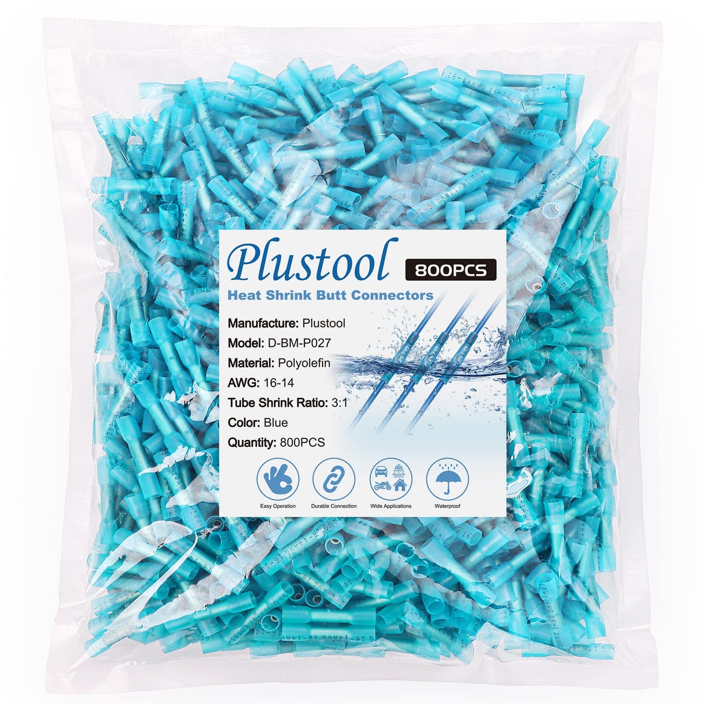 800PCS Blue Heat Shrink Butt Connectors AWG16-14, Plustool Marine Grade Electrical Wire Connectors, Tinned Red Copper 0.8mm, Insulated Waterproof Crimp Terminals Butt Splice for Cable,Boat,Wiring