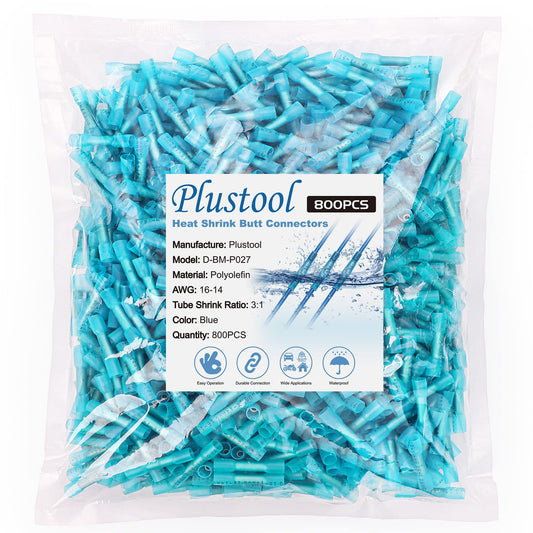 800PCS Blue Heat Shrink Butt Connectors AWG16-14, Plustool Marine Grade Electrical Wire Connectors, Tinned Red Copper 0.8mm, Insulated Waterproof Crimp Terminals Butt Splice for Cable,Boat,Wiring
