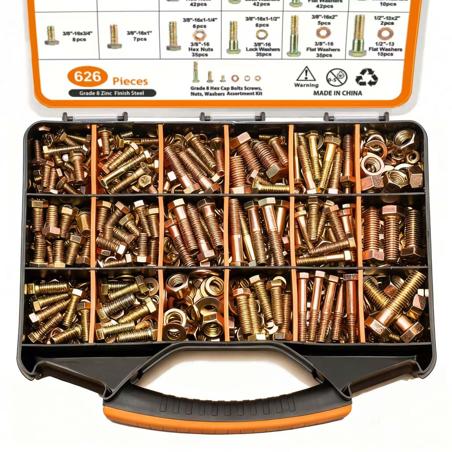 626PCS Grade 8 Nuts and Bolts Kit, Heavy Duty SAE Bolt Assortment Set, Including 1/4-20 5/16-18 3/8-16 1/2-13 SAE Sizes