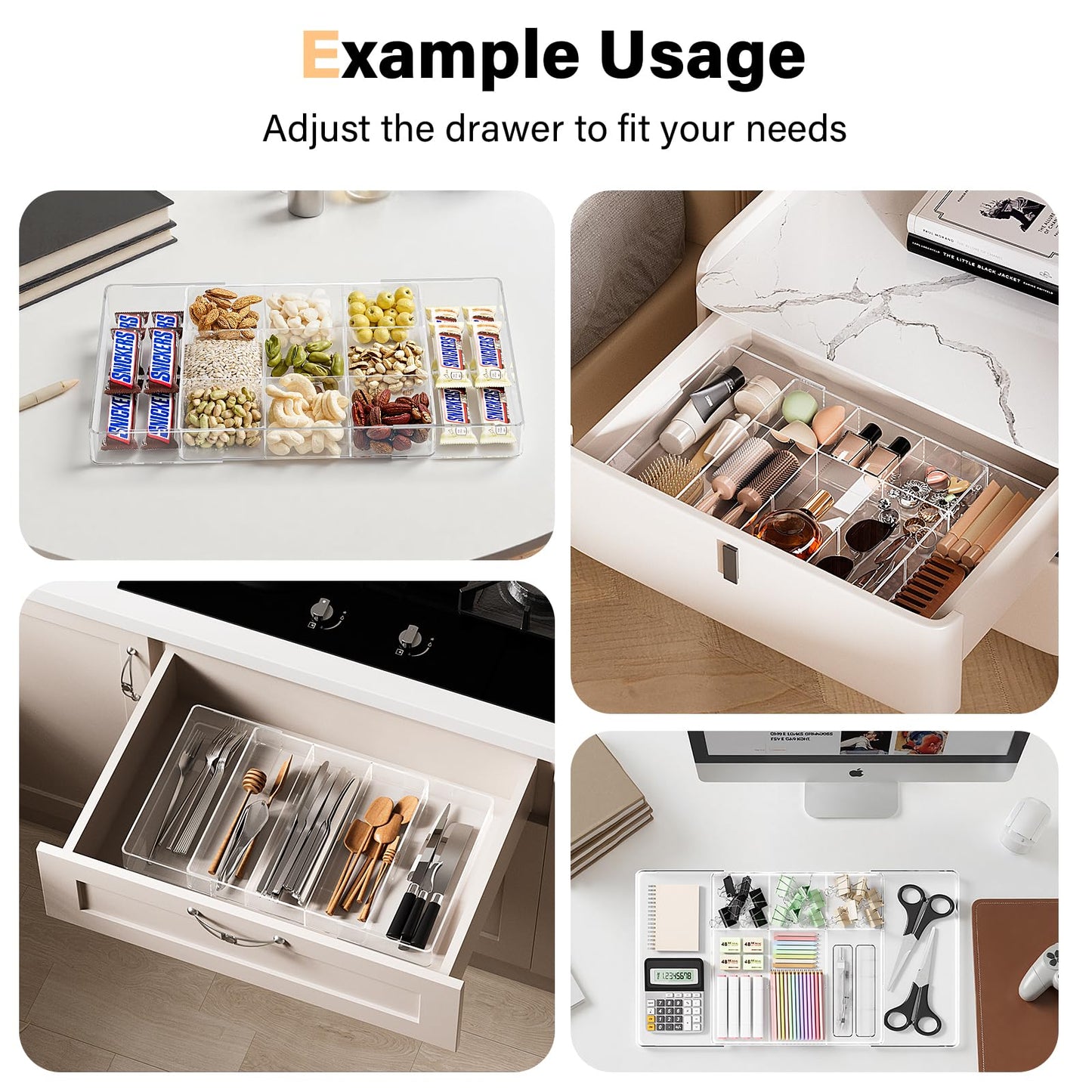 VDTEB Acrylic Expandable Desk Drawer Organizer with 11 Adjustable Compartments and 6 Removable Dividers Desk Accessories for Office Kitchen Bathroom Makeup and Utensil Junk Storage (Clear, 2Pcs)